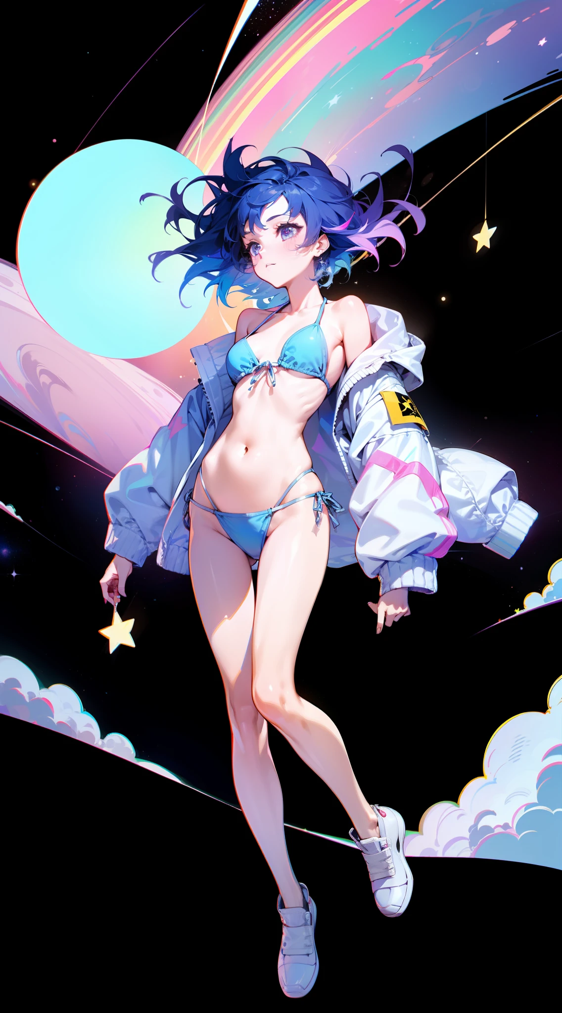 Girl in bikini and wind jacket dancing, floating, 1girl, outer space, nebulae, full body drawing, highly detailed, pastel colors, vaporwave, Intricate, stars, comets, saturn