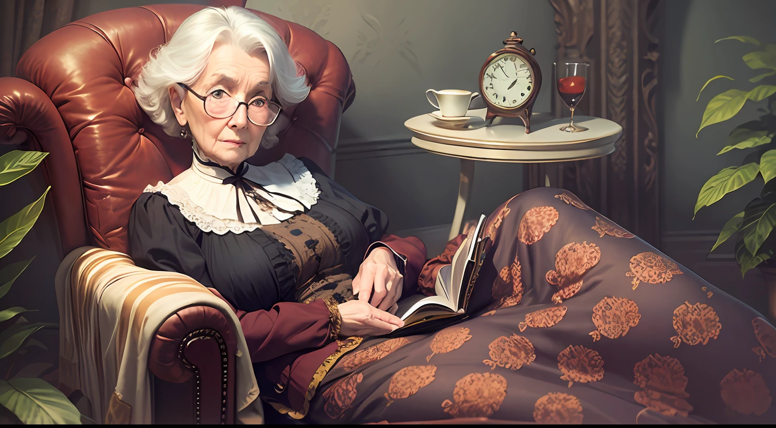 A 75-year-old elderly woman with glasses lying on a Victorian chaise lounge reading. --auto