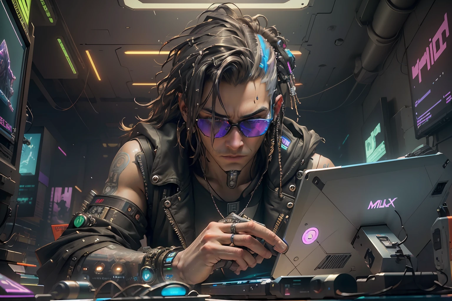 ((Best quality)), ((masterpiece)), (highly detailed:1.3), 3D, beautiful (cyberpunk:1.3) hacker man with thick voluminous hair operating a computer terminal