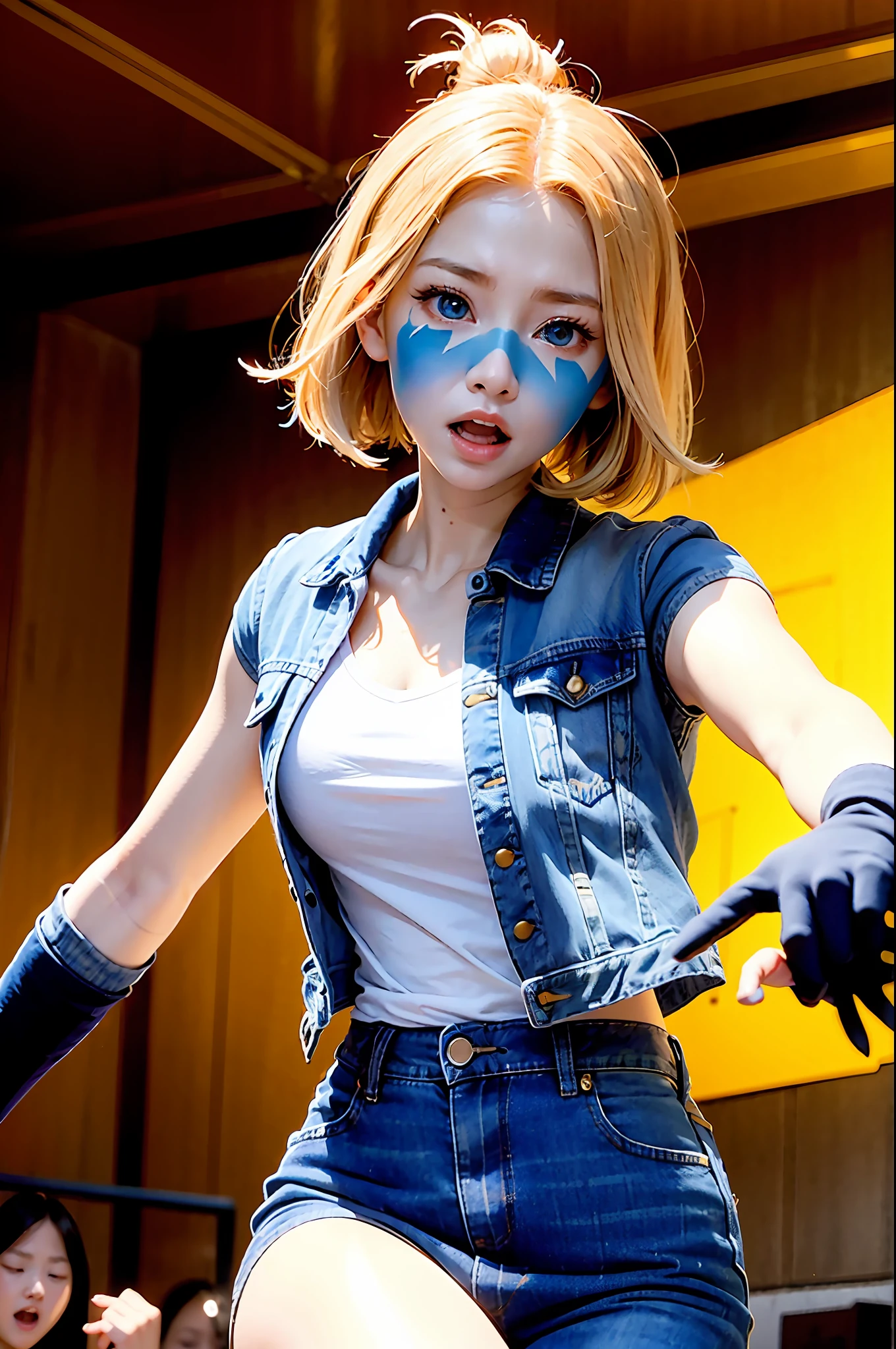 (((1 、cuteim jackets、White tops、JINS、gloves、bionde、short-hair、bobhair、side parted hair、blue eyess)))、(((blonde hair)))、
Dynamic poses、Manga style、from intense battles to lighthearted moments、Draw groups of characters in different action scenes、With dramatic speed lines and bold sound effects、Capture the excitement and energy of the story、 Laser rays from the palm of hand、 Attack forward with the palm of your hand、 Yellowstone Park、Grand Canyon、