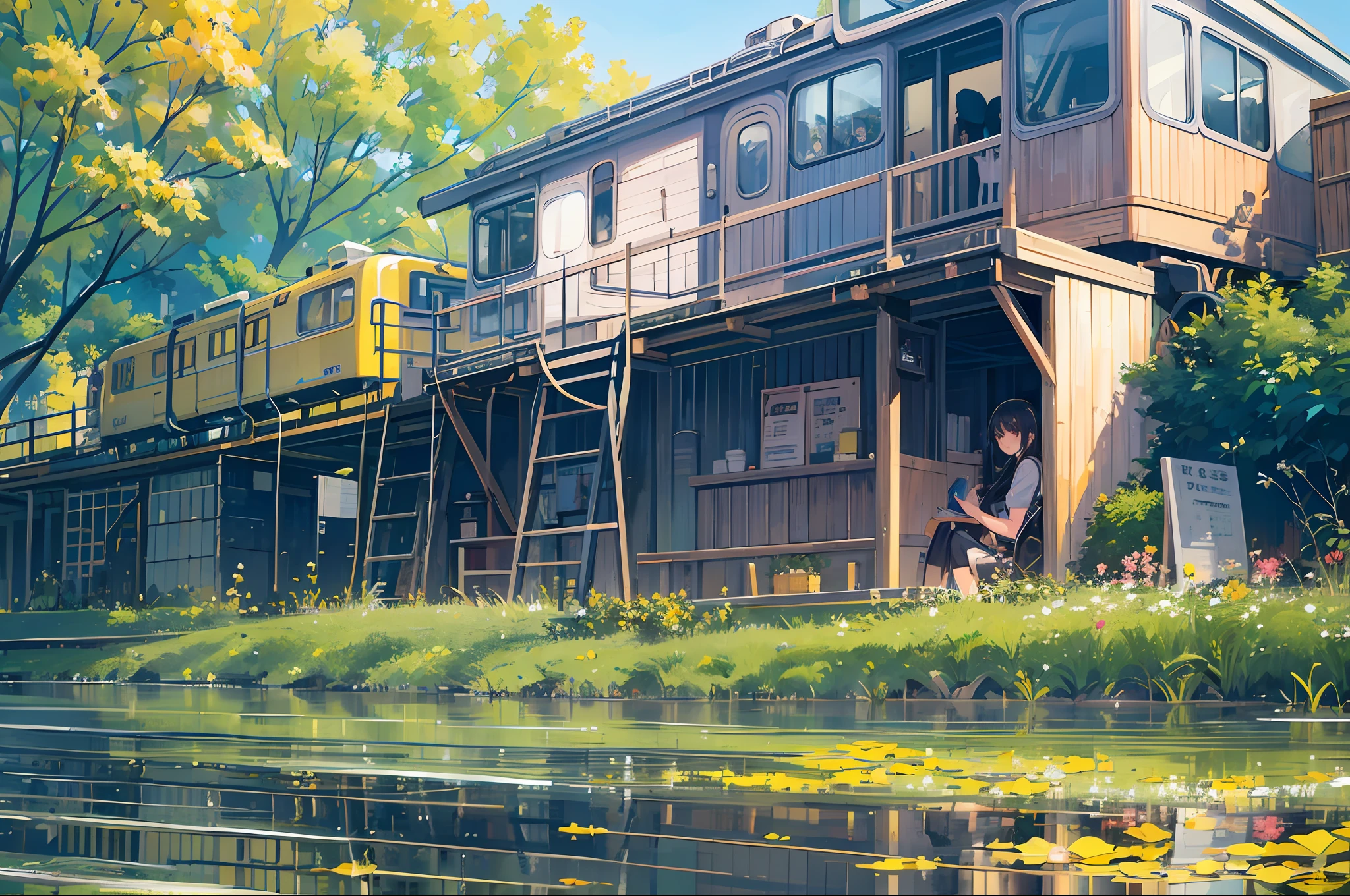 (((yellow train))),((masterpiece)),you are capturing a high school girl struggling with ChatGPT in the rural setting of Japan during summer. She is under the brick arch bridge, opening her laptop, and working with a serious expression. In the background, you capture the vague sight of the yellow train passing by, emphasizing the contrast between her concentration and the movement around her. You are using a Nikon D850 camera, shooting with an AF-S NIKKOR 85mm f/1.8G lens at a resolution of 45.7 megapixels. The ISO sensitivity is 100, and the shutter speed is 1/60 second. Aim for a shoot skillfully utilizing natural light and shadows. The style is realistic, and the color scheme aims for the vibrant colors seen in Makoto Shinkai's works. --ar 16:9 --v 5.1 --style raw --q 2 --s 750