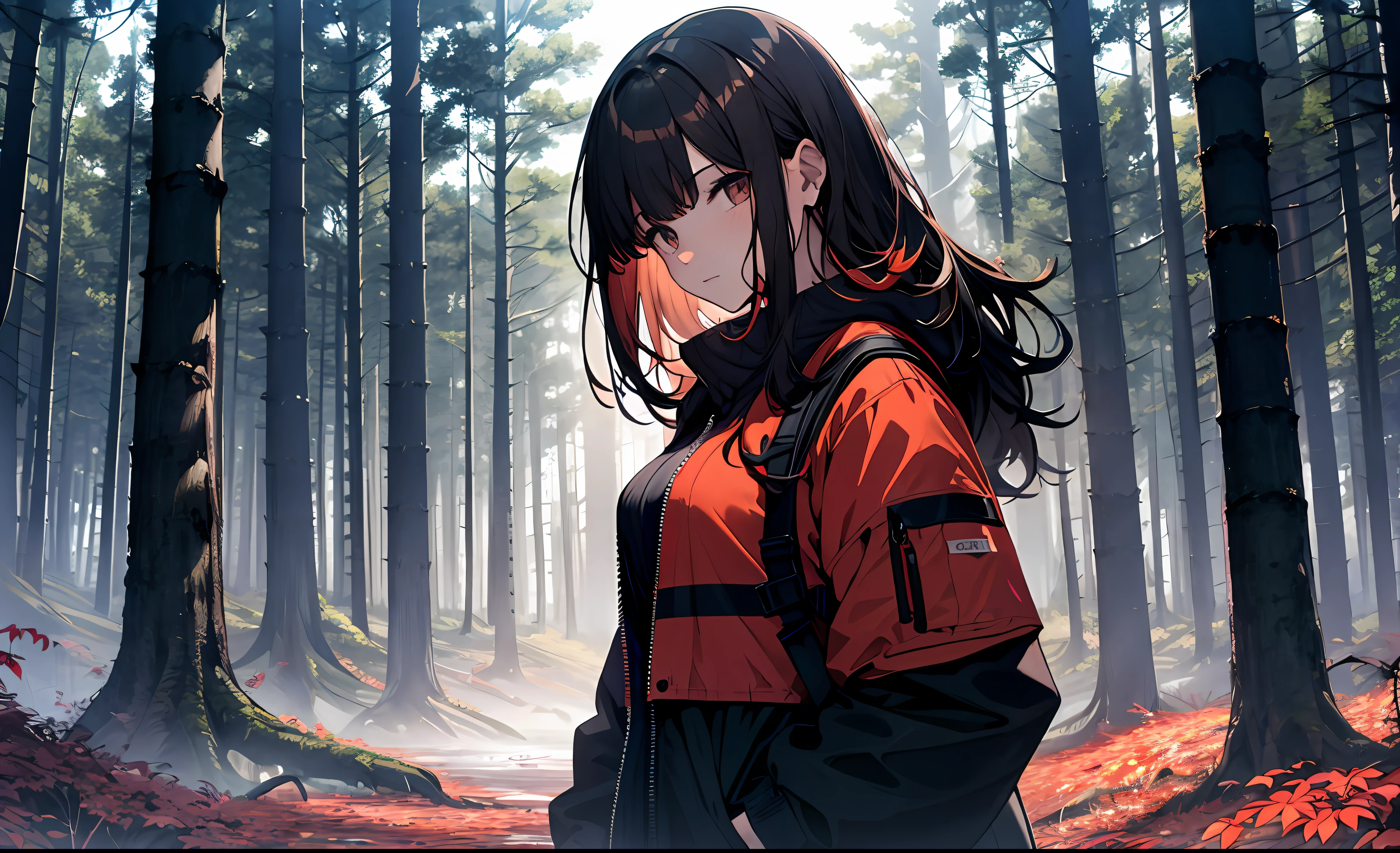 A young woman stands in a dark forest, surrounded by tall trees with red leaves. The person’s face is hidden by a blur, as if to protect their identity. They wear a black jacket and have dark hair that reaches their shoulders. The forest is dimly lit, creating a contrast between the red and black colors. The image evokes a sense of mystery and danger.