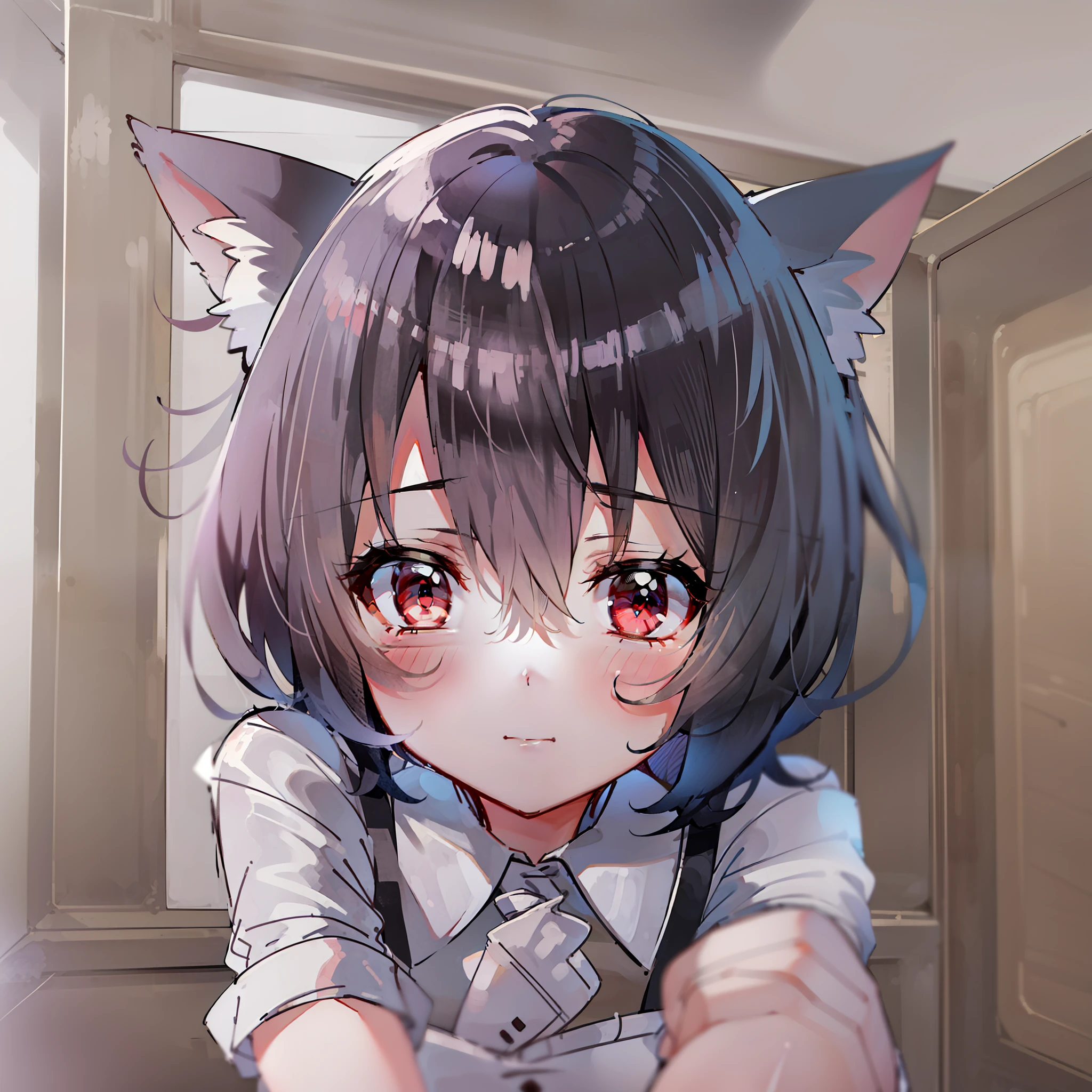 (巨作),Best picture quality,super detailing,Depicts a girl with short hair that matches the proportion of her height,The hand structure is correct,Wearing a solid color maid outfit,Equipped with cat ears,red color eyes,Cute and shy,Moe Moe