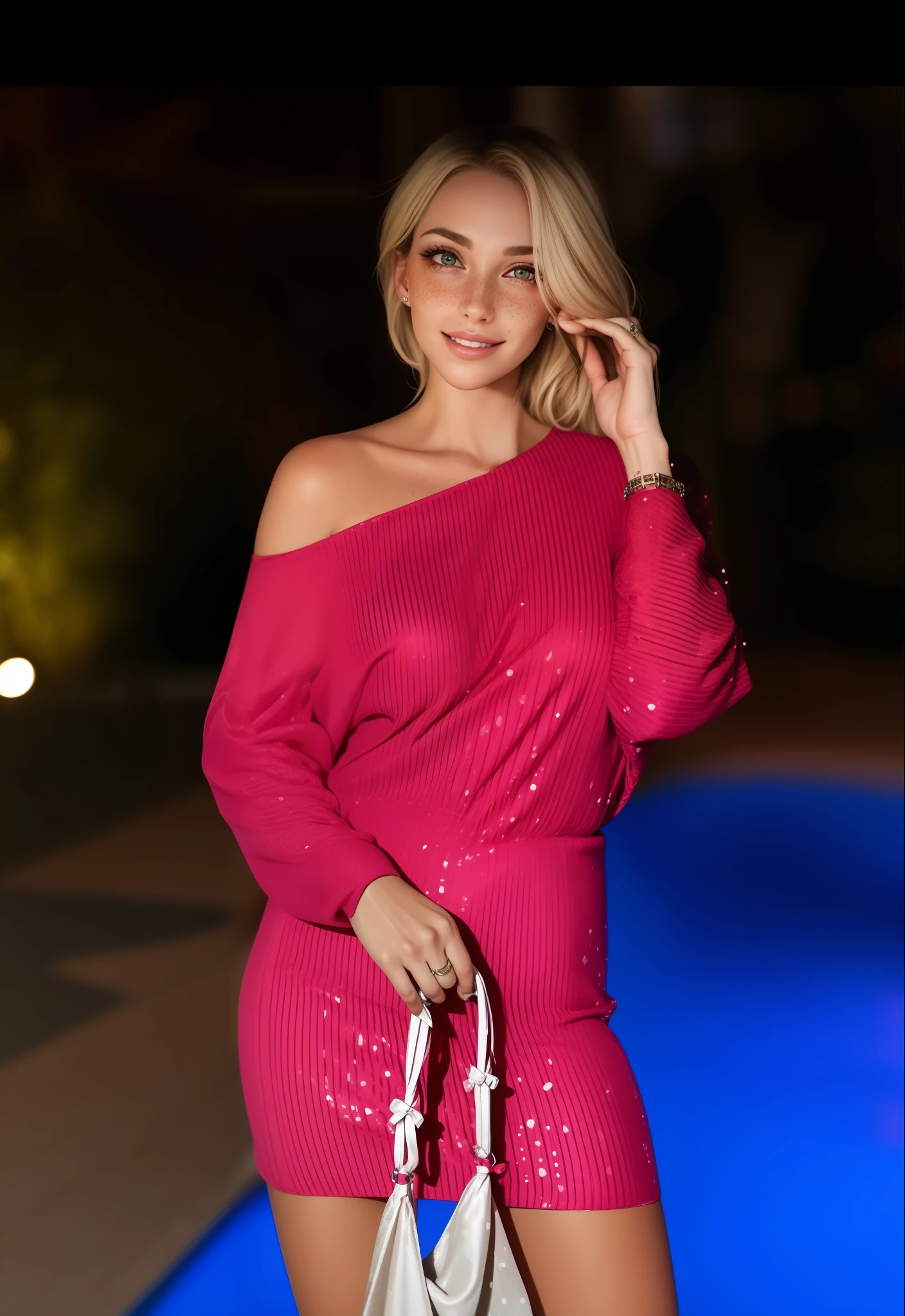 Rosto de uma mulher americana, 30 anos, pale skin and freckles, olhos cinzas, nariz delicado, soft and delicate lips, cabelo blondie cinza, rabo-de-cavalo, ultrarrealista HD fotorrealista altamente renderizado sorriso cativante