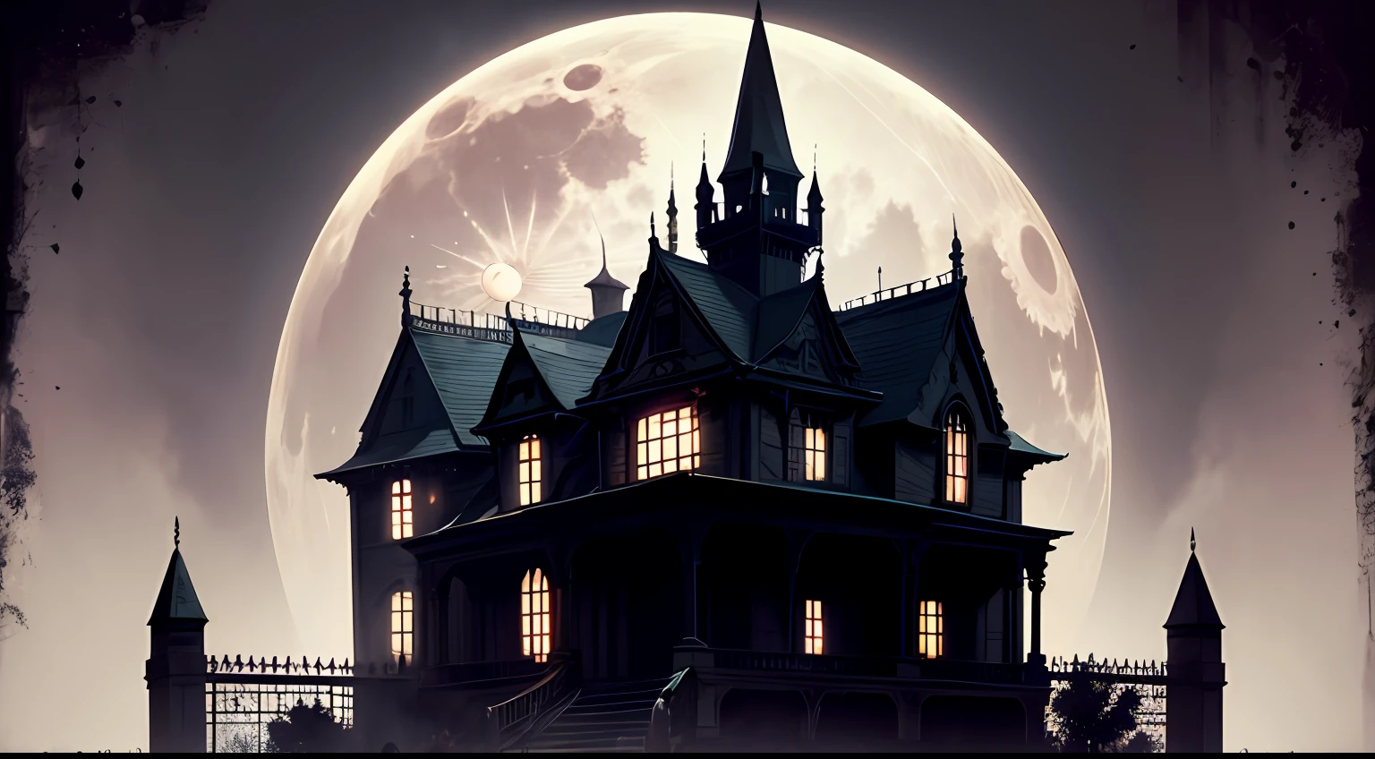haunted mansion, in the gothic style, with a full blood moon in the background --auto