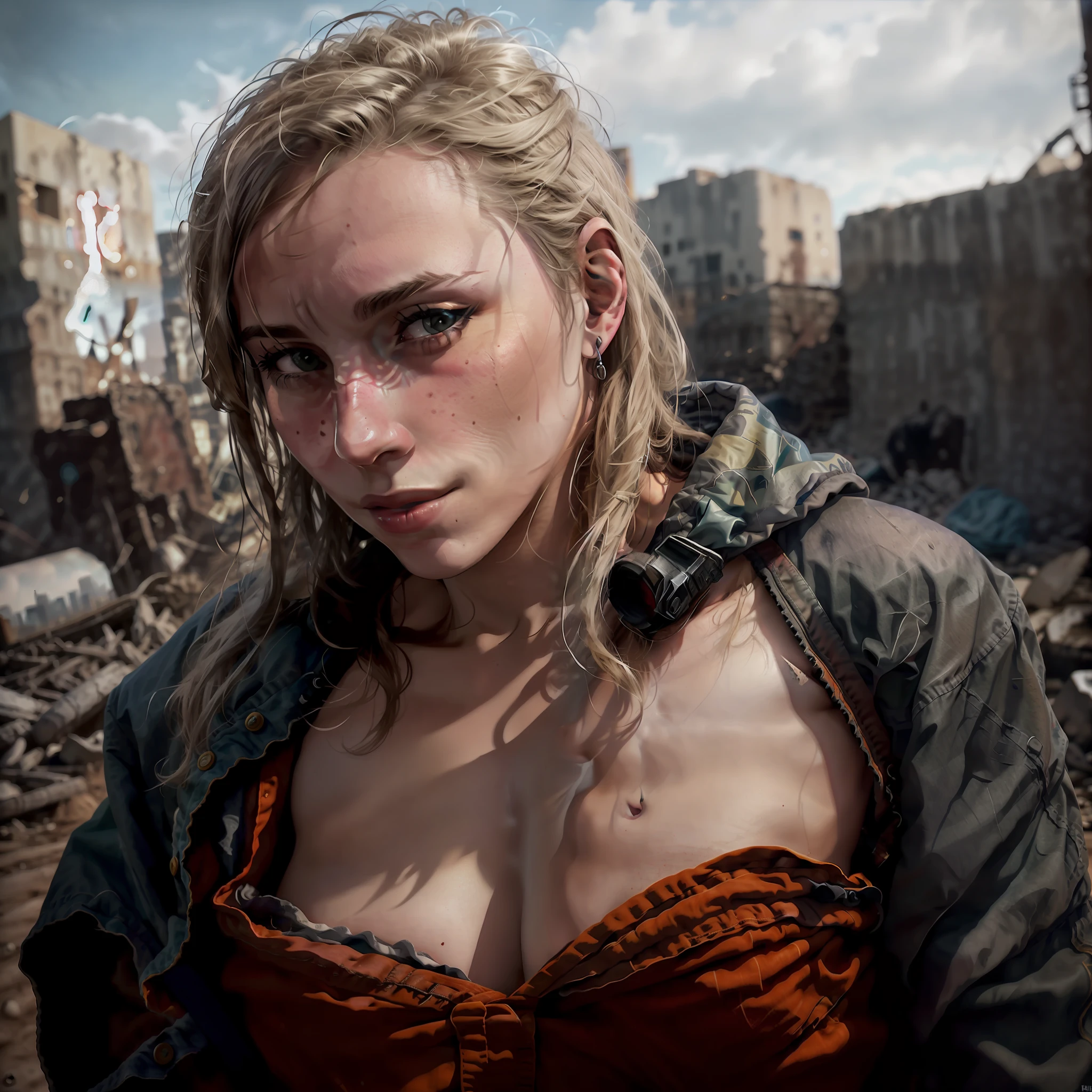 RAW photo, a close up portrait photo of brutal 45 y.o man in wastelander clothes, long haircut, pale skin, slim body, background is city ruins, (high detailed skin:1.2), 8k uhd, dslr, soft lighting, high quality, film grain, Fujifilm XT3