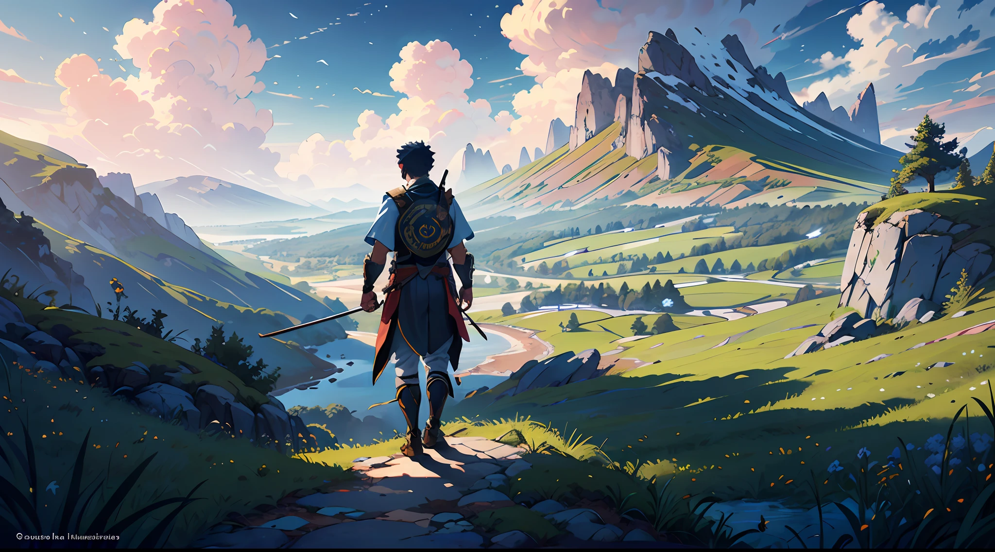 Ultra-detailed illustration of a warrior on a hill looking at the horizon, Paisagem, (corpo inteiro), (Back view), (alto detalhes), altos detalhes incriveis, ambiente altamente detalhado, ilustrador, arte feita por Greg Rutkowski.