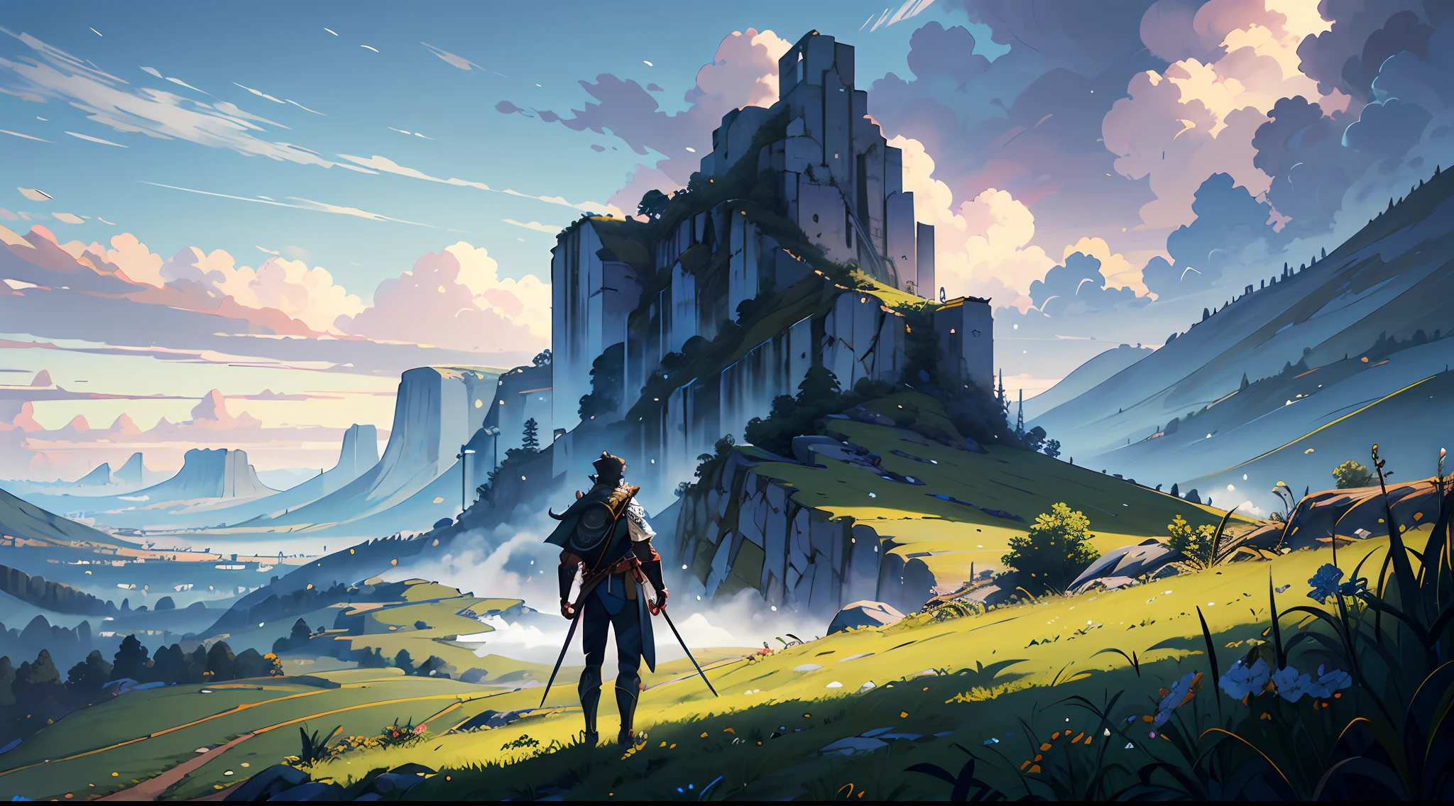 Ultra-detailed illustration of a warrior on a hill looking at the horizon, Paisagem, (corpo inteiro), (Back view), (alto detalhes), altos detalhes incriveis, ambiente altamente detalhado, ilustrador, arte feita por Greg Rutkowski.