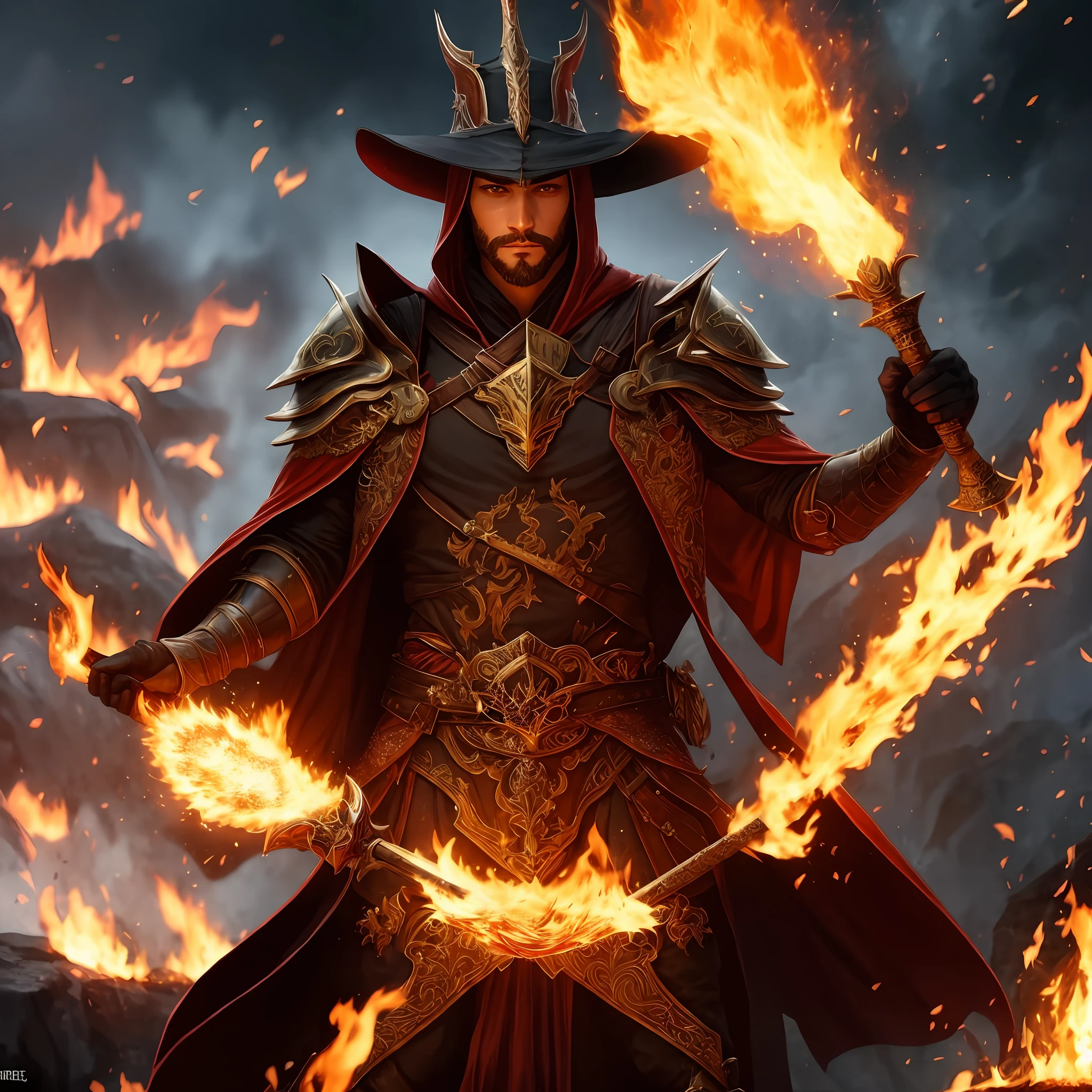 A closeup of a man in a hat holding a sword and fire, flame conjuring armored, mago de fogo, Piromancer, do videogame Vermintide 2, Senhor de Cinder, a sorcerer casting a fireball, Arte do Jogo de Cartas de Fantasia, epic fantasy game art, epic fantasy character art, casting fire spell, Magia da Arte do Encontro