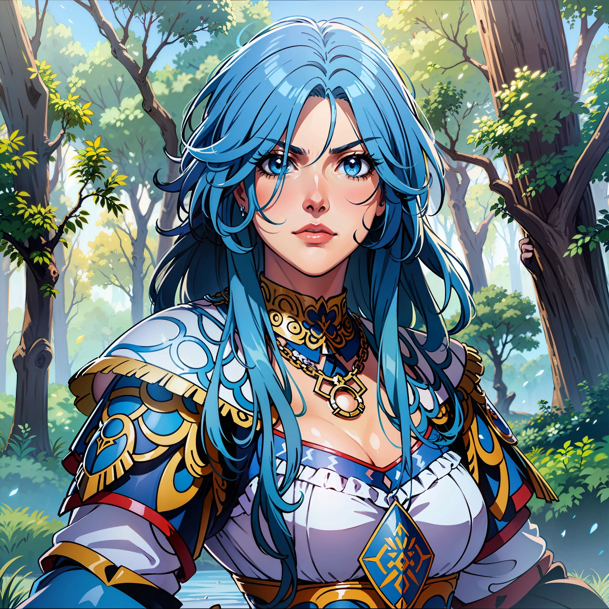 mulher guerreira de cabelo azul escuro, olhos azuis, cabelo comprido, mad face, armadura azul+branca+prata, roupas azuis+brancas+pratas, Dinastia Guerreira 7, estilo anime, RPG, RPG fantasia, fantasia medieval