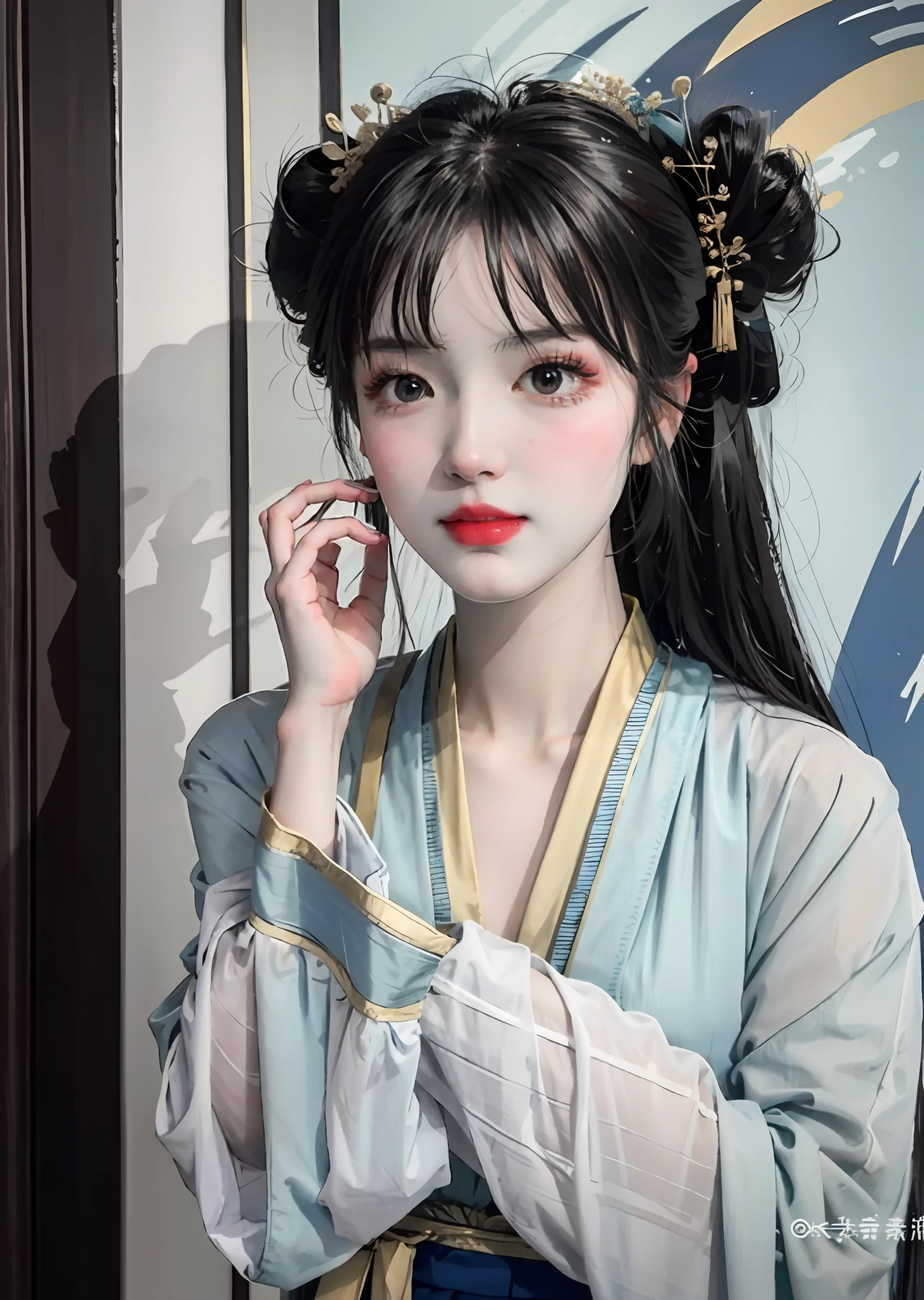 There is a woman posing for a photo in Hanfu, (Exposing a large:1.3), Long bangs, (eyes with brightness:1.2), with acient chinese clothes, Japanese clothes, Wearing ancient Chinese clothes, Palace , A girl in Hanfu, Traditional Chinese clothing, pale and coloured kimono, Chinese costume, traditional geisha clothing