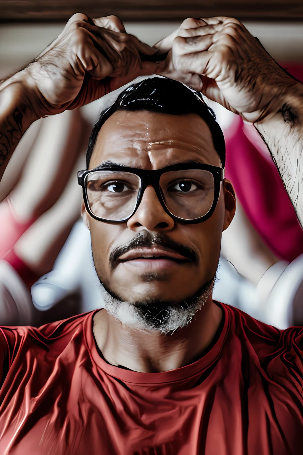 guttonerdvision7, 1 homem, sozinho, retrato de homem musculoso ladybeard twin tail cabelo e barba vestir traje cheerleader, sorrir, detalhes, realista, fotografia, fundo desfocado, Foco suave