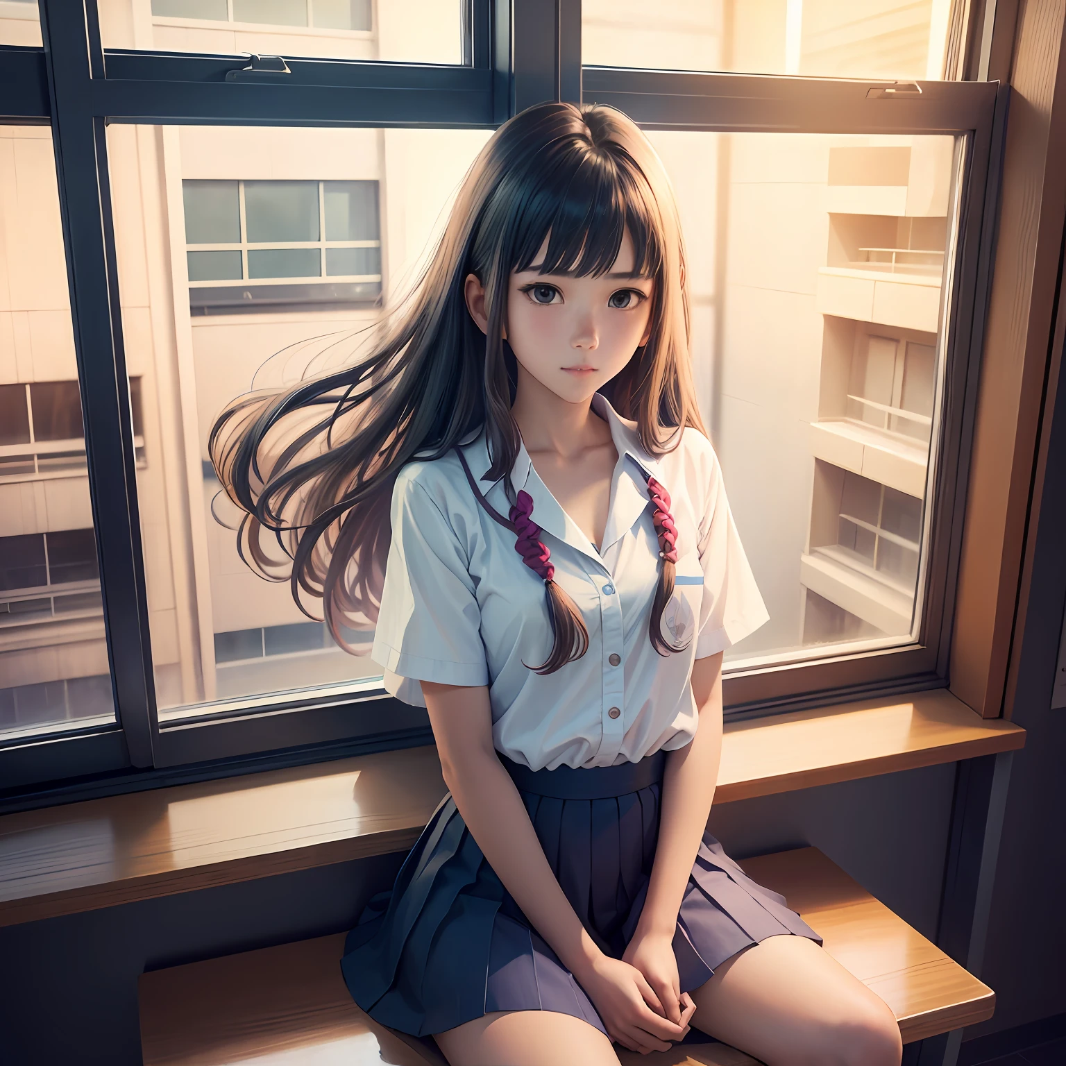 Anime-style depiction、sixteen years old、校服、Sitting alone in the window seat at school、Looking at me happily、Not a realistic depiction、Chest is big、early evening --auto