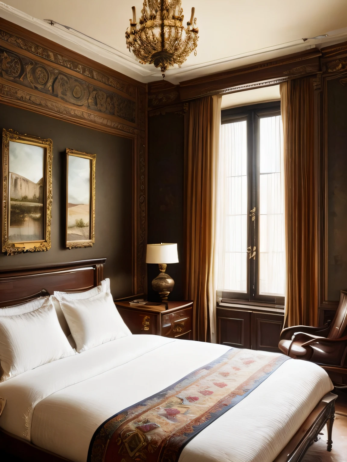 Bedroom:
Russian-style bedroom with a soft bed, a coffee table, bedside tables, vases, hanging paintings, dressing table, square glass windows, wooden furniture, wardrobes, intricate carvings, and oil paintings. Warm colors, award-winning masterpieces with incredible detail, large windows