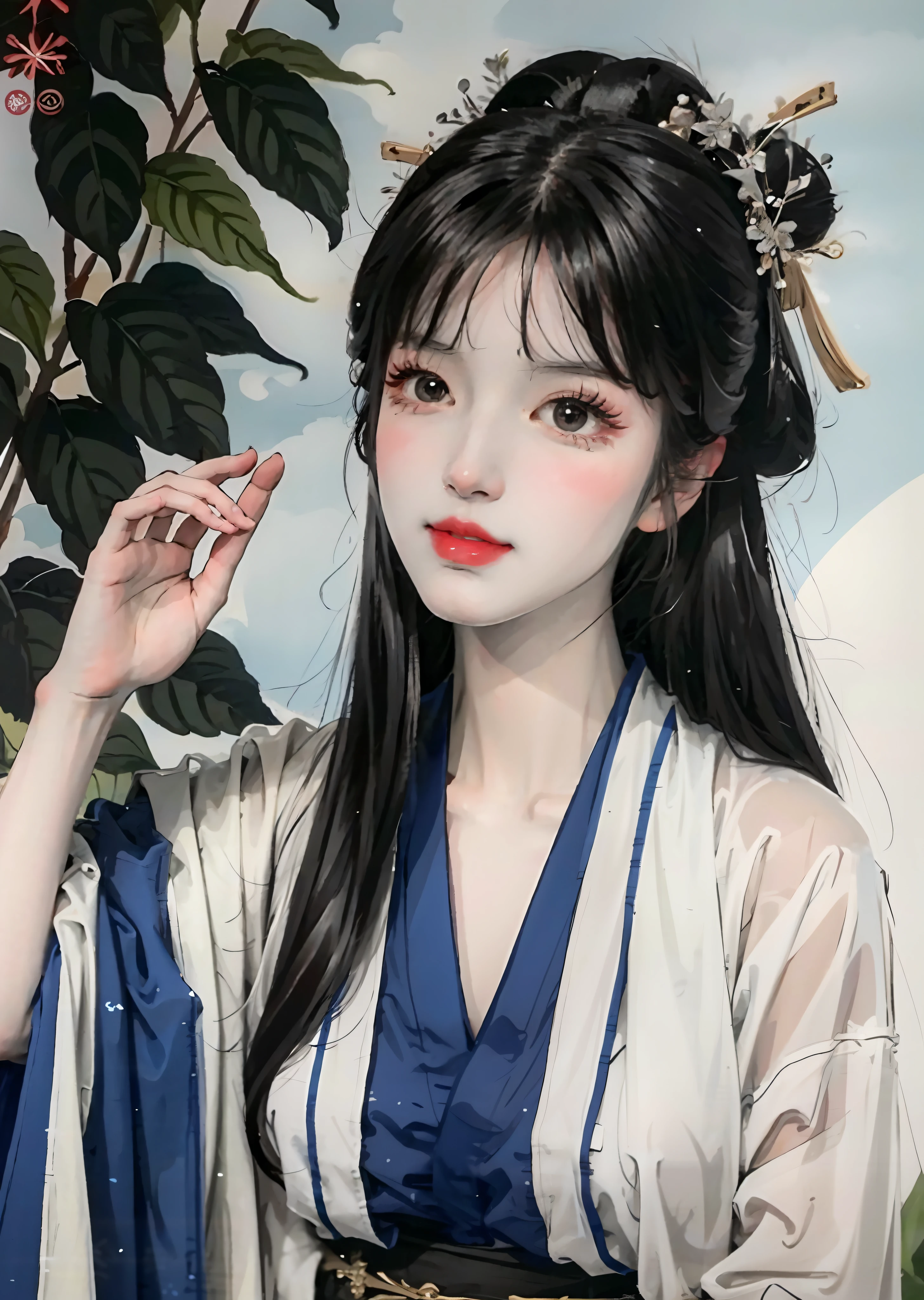 There is a woman posing for a photo in Hanfu, (Exposing a large:1.3), Long bangs, (eyes with brightness:1.2), with acient chinese clothes, Japanese clothes, Wearing ancient Chinese clothes, Palace ， A girl in Hanfu, Traditional Chinese clothing, pale and coloured kimono, Chinese costume, traditional geisha clothing