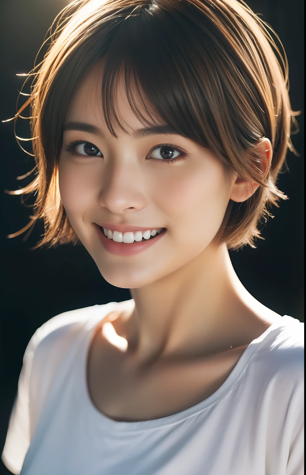 Wearing a white T-shirt、Close up photo of Japan girl in her 20s with beautiful model, Photorealsitic, highcontrast, 8k HD, detaileds, realistic skin textures, top-quality, 超A high resolution, Raw photo, Dramatic Lighting, unrealengine, a smile, Short-cut hairstyles、 beautiful girl model,, detaile, hyperdetails, realistic skin textures,dramatic lighting, Smiling