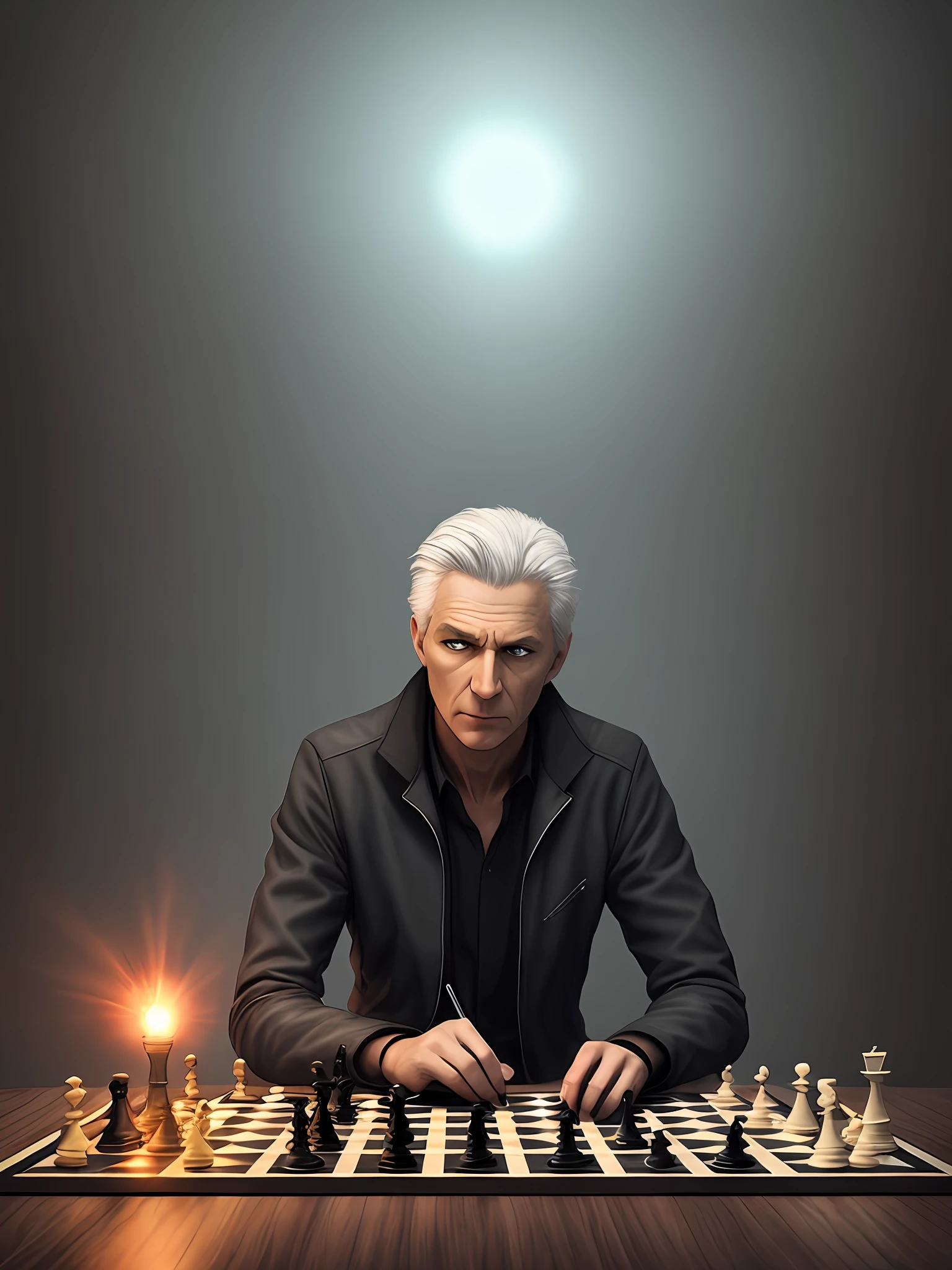 {[{{"Epic dark vibe, A gray-haired one、4k artwork with glowing man with blue eyes sitting in front of chessboard, contemplating his next move."}]}}