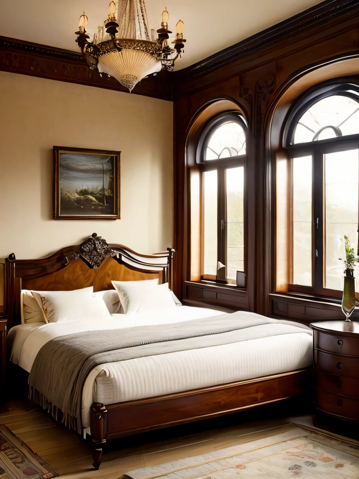 Bedroom:
Russian-style bedroom with a soft bed, a coffee table, bedside tables, vases, hanging paintings, dressing table, square glass windows, wooden furniture, wardrobes, intricate carvings, and oil paintings. Warm colors, award-winning masterpieces with incredible detail, large windows