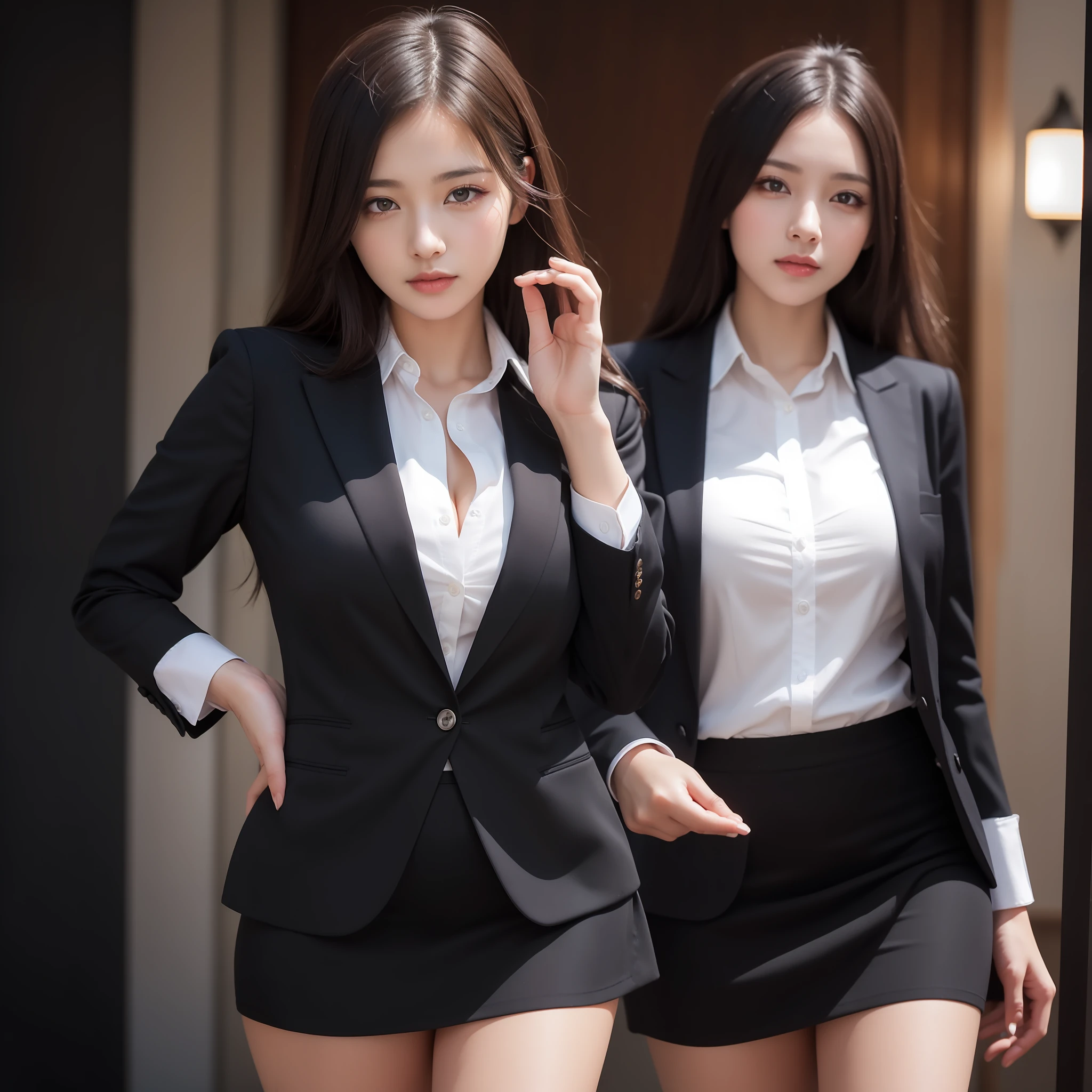 best quality, masterpiece, 1girl, Beautiful face, (photo realistic:1.3), rim lighting, (high detailed skin:1.2), 8k uhd, dslr, high quality, high resolution, 4k, 8k, Bokeh, absurdres, best ratio four finger and one thumb, (realistic:1.3), cute 1girl, wearing black formal blazer, medium breasts, short skirt,