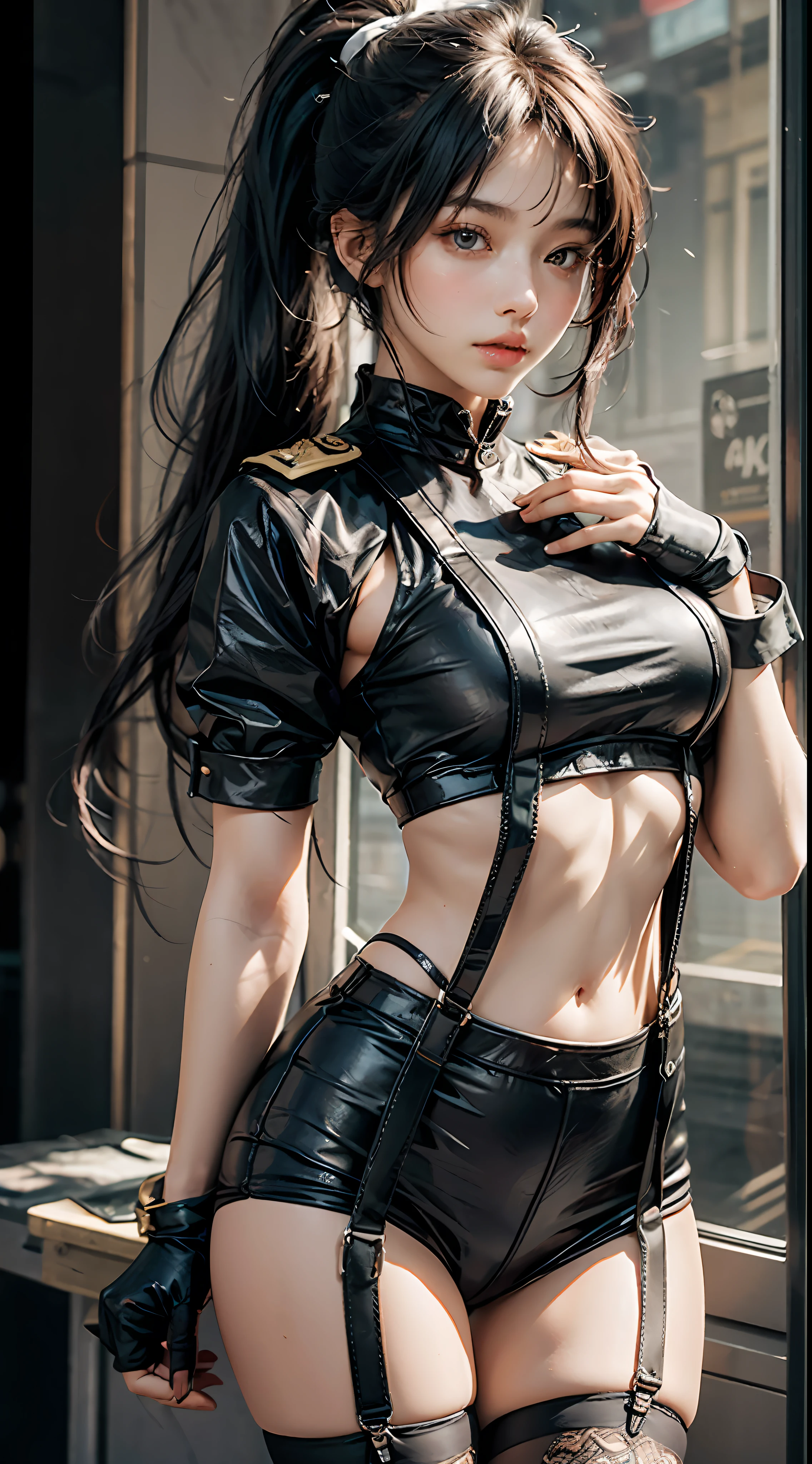 best qualtiy，tmasterpiece，超高分辨率，19-year-old girl，Slim figure，Farsighted distance，slender figures，with fair skin，Very white skin，high ponytails，Single ponytail，Very long hair，Police uniform，Black police uniform，Black police uniform，black lence stockings，Black suspender stockings，Suspender stockings，（Fidelity：1.4），RAW photogr，1girll，（The upper part of the body：1.5），Bigchest (D)