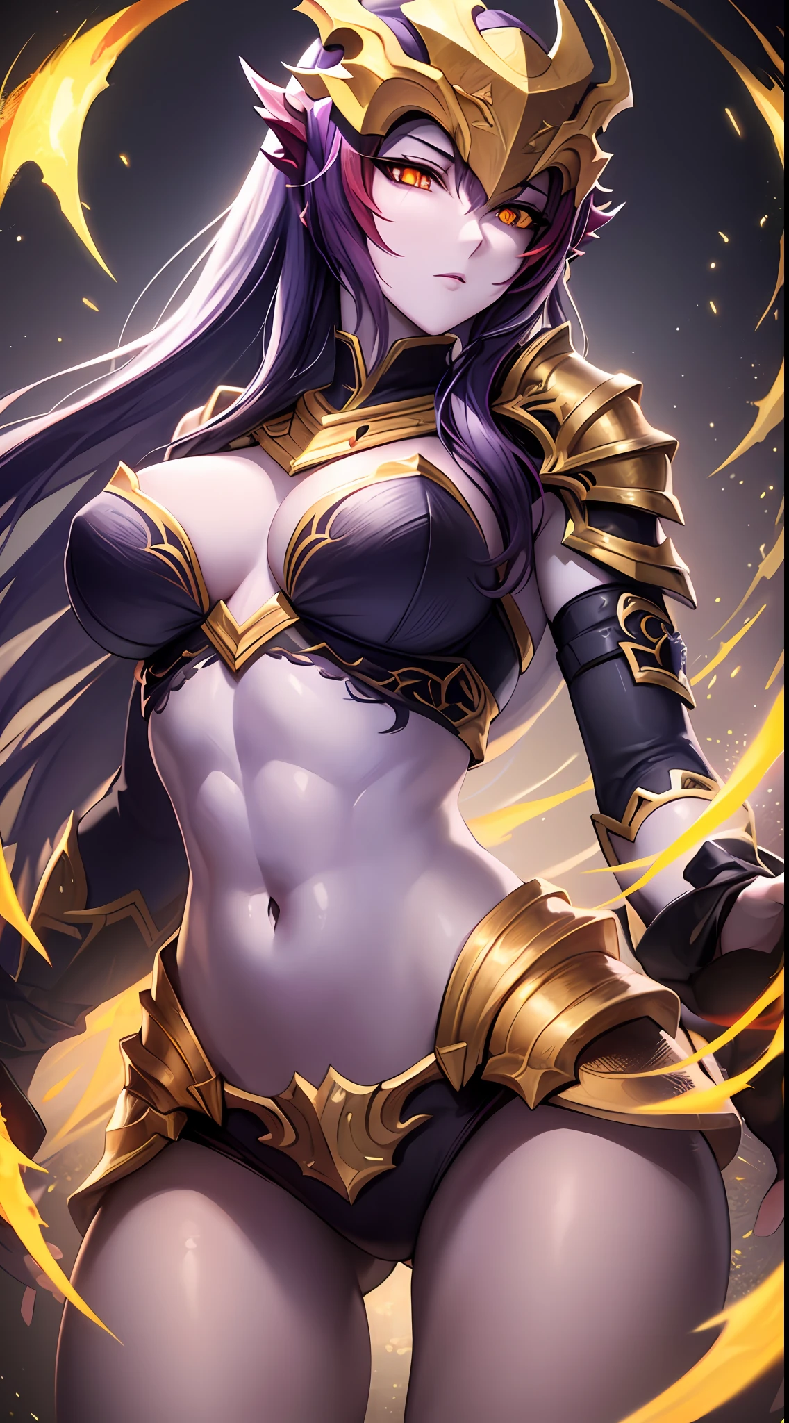 ((masterpiece, ultra detailed)), 1girl, solo, The_Half_Dragon_Shyvana, Purple_skin, Long_hair, (stunningly beautiful), medium breasts, beautiful face, beautiful eyes, glowing red eyes, battle-stance ready, dynamic pose, dark theme, muscular female, fit, abs, crepuscular rays, hdr, HDR, bloom, volumetric lighting, emissive lighting, high intensity lighting, glowing, dramatic lighting, dark lighting, (ornate), digital art, trending on artstation, award winning, fascinating, elegant, RAW photo, absurdres, 8k uhd