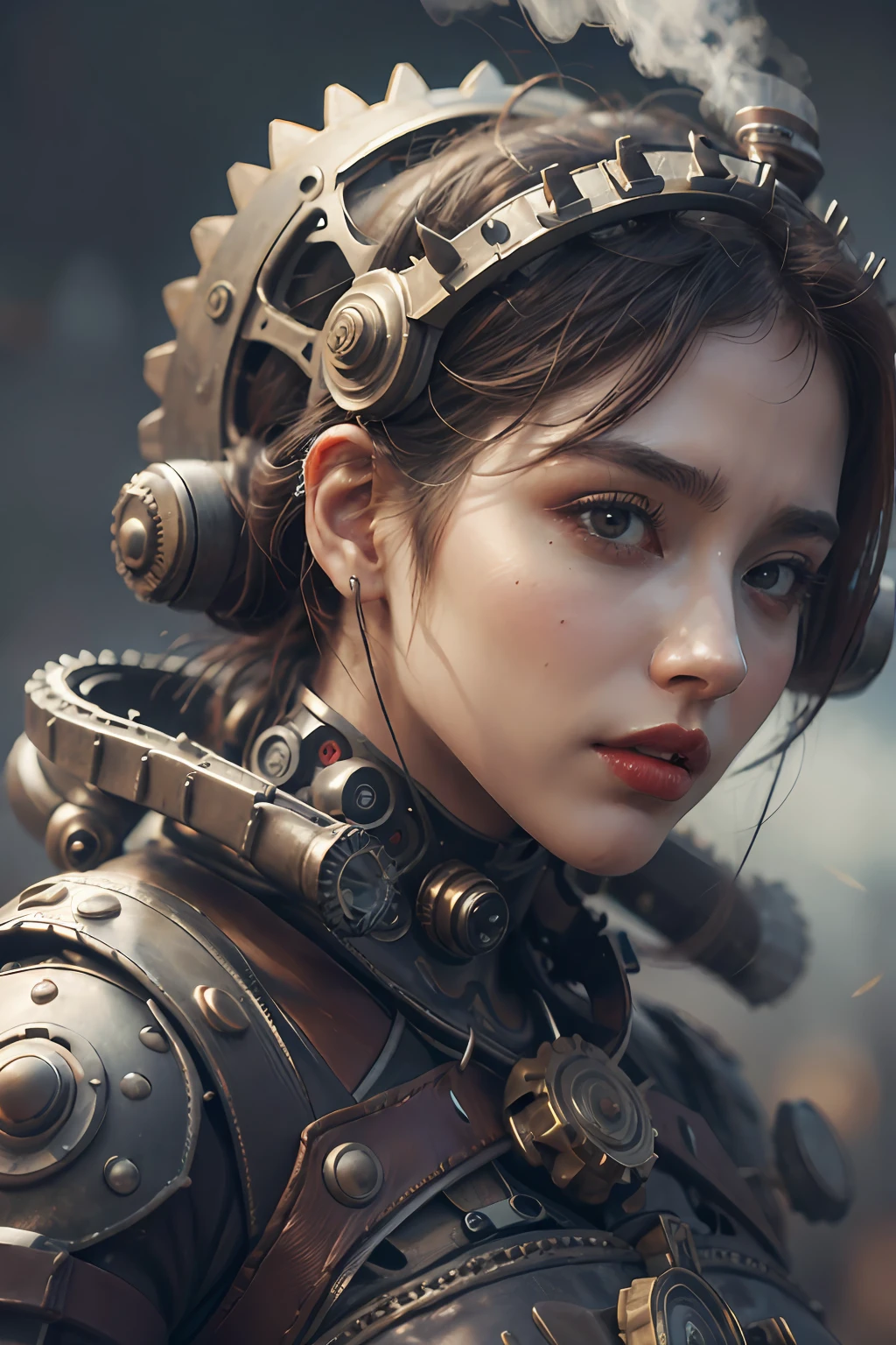There's a woman with gears attached to her head with steam, Portrait of a mechanical woman, Arte Digital 4K Realista, Arte Digital 4K Realista, Wojtek FUS, Arte digital altamente detalhada em 4k, Cyber Steampunk 8K 3D, arte steampunk digital, Arte digital realista 8k, Arte digital detalhada em 4k, Arte cyberpunk 8K ultrarrealista, arte conceitual ultra realista,