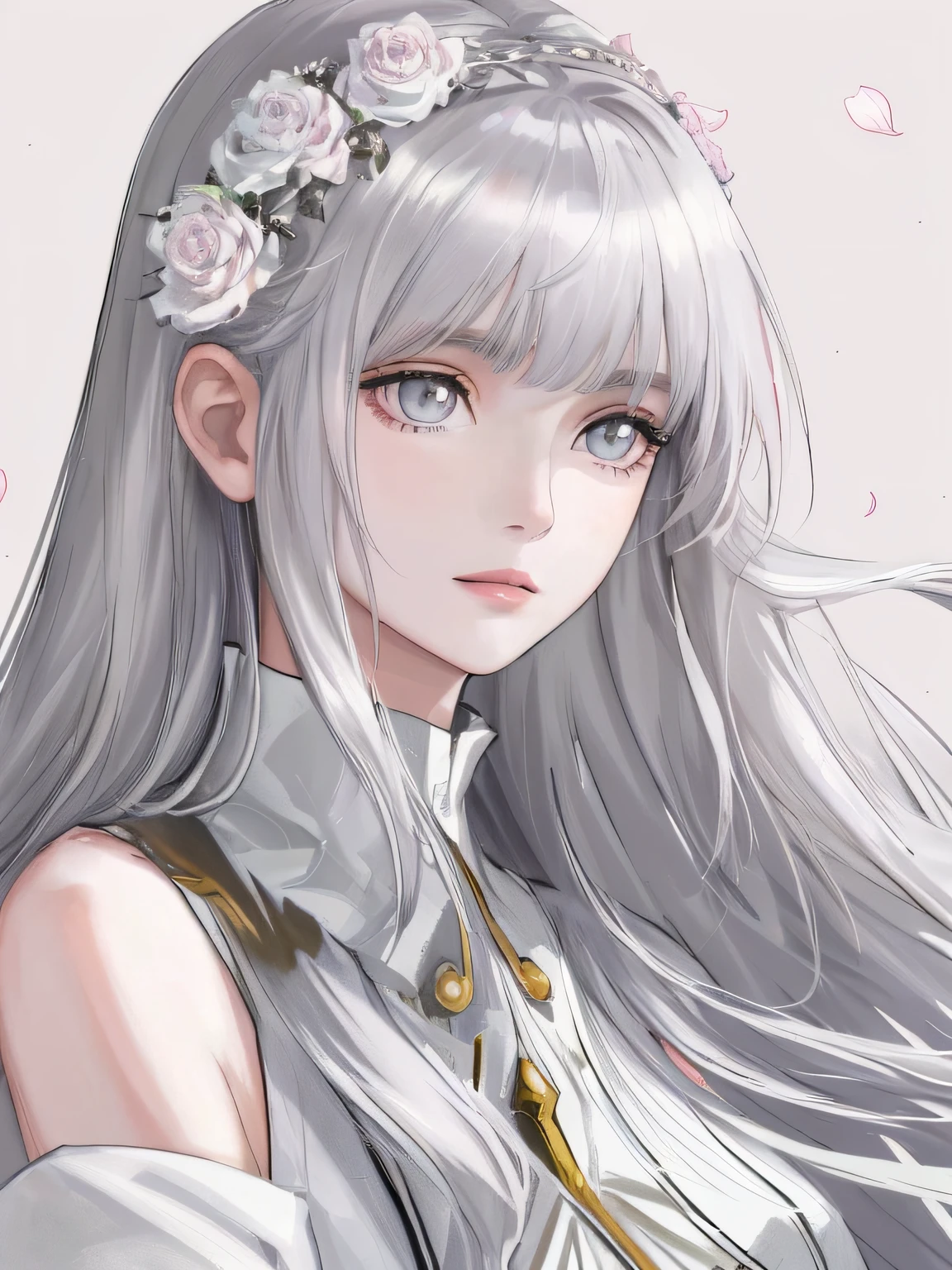 8K masterpiece superlative, anime woman, cold wind realistic portrait, sister, silver white long hair woman, long hair, light pink lips, calm and rational bangs, gray pupils, flower background, petals dancing, delicate face