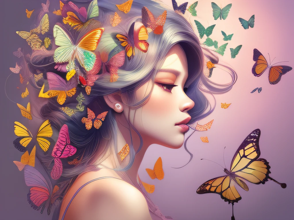 A woman in profile with butterflies inside head, exquisite digital illustration, a beautiful artwork illustration, Borboletas, stunning digital illustration, Beautiful digital illustration, Artistic illustration, illustration art, borboleta, Meio-mulher Meio-borboleta, art illustration, Directed by: Zeen Chin, linda arte digital linda, Jingna Zhang, bela arte digital, lindo arte digital, fundo claro