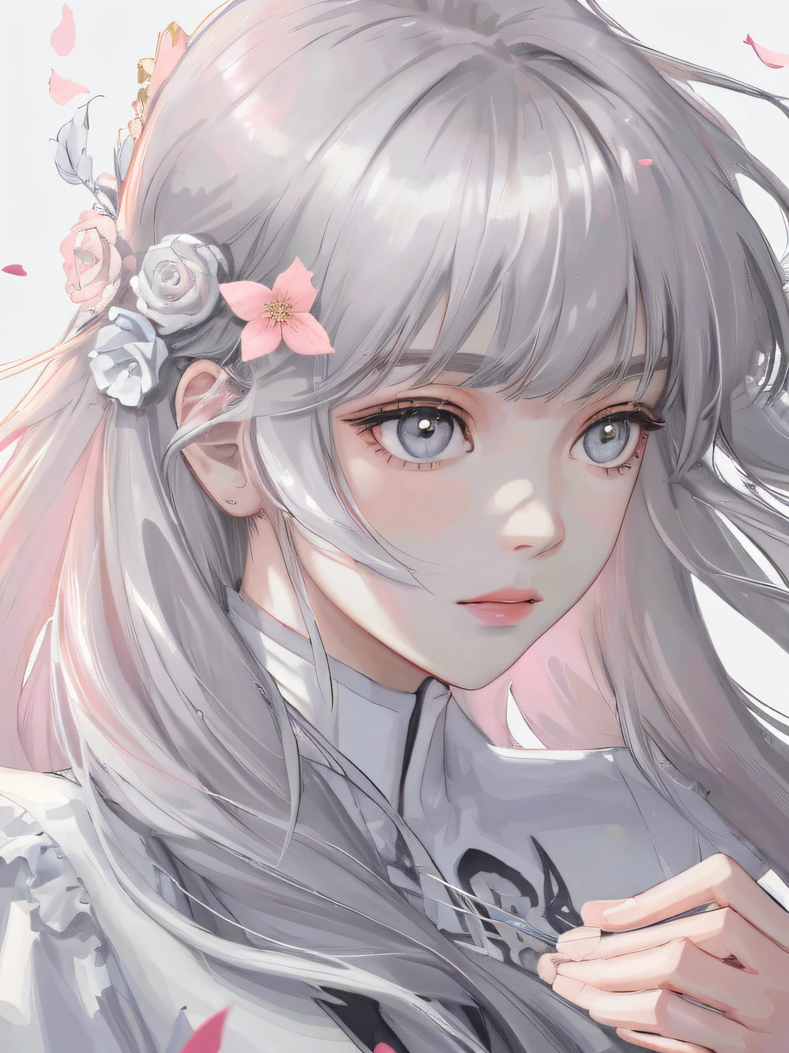 8K masterpiece superlative, anime woman, cold wind realistic portrait, sister, silver white long hair woman, long hair, light pink lips, calm and rational bangs, gray pupils, flower background, petals dancing, delicate face