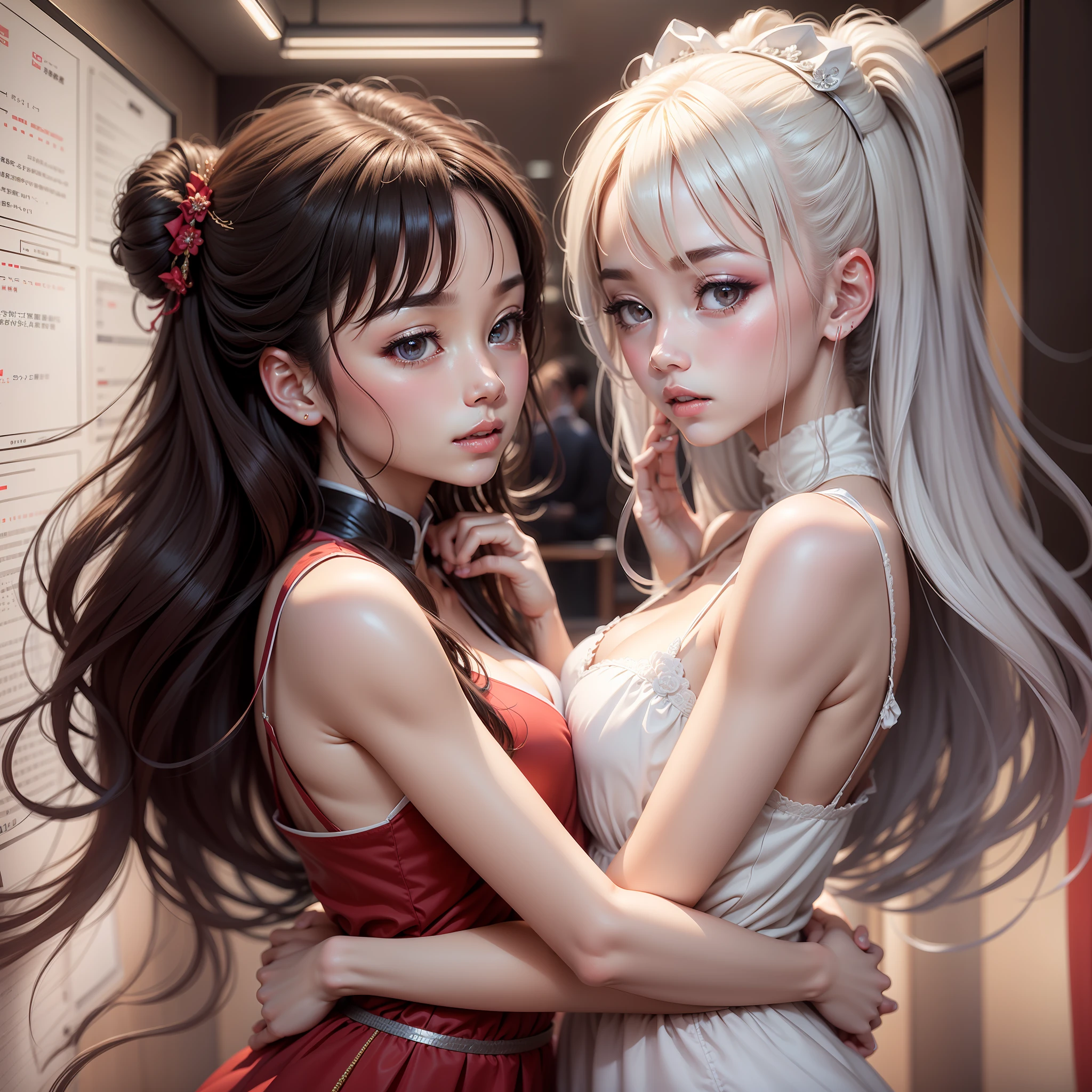 ​master piece,hyper qualit, ultra - detailed,Perfect drawing,A high resolution、２Kizi、Japan idol、Student clothes、Look at each other from the front、((Kiss))、(((French kiss)))、hugging eachother，As if pushing each other、Staring at each other、Moist eyes、half-open lips、Beautiful、Red blush(0.2)、Functional、seductiv、Trance、instigate、Beauty、bustup、Shunguang、、Shoot diagonally down from the front、precise drawing、Detailed drawing、Precise anatomy、dress room、beatiful background