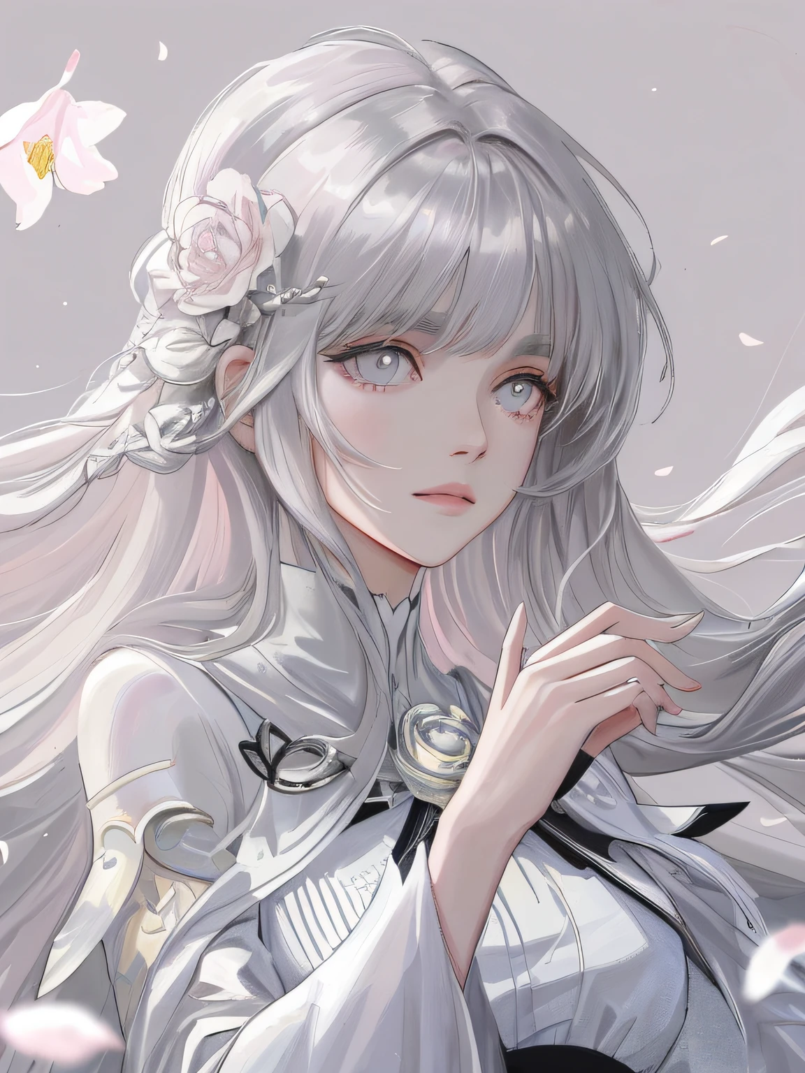 8K masterpiece superlative, anime woman, cold wind realistic portrait, sister, silver white long hair woman, long hair, light pink lips, calm and rational bangs, gray pupils, flower background, petals dancing, delicate face