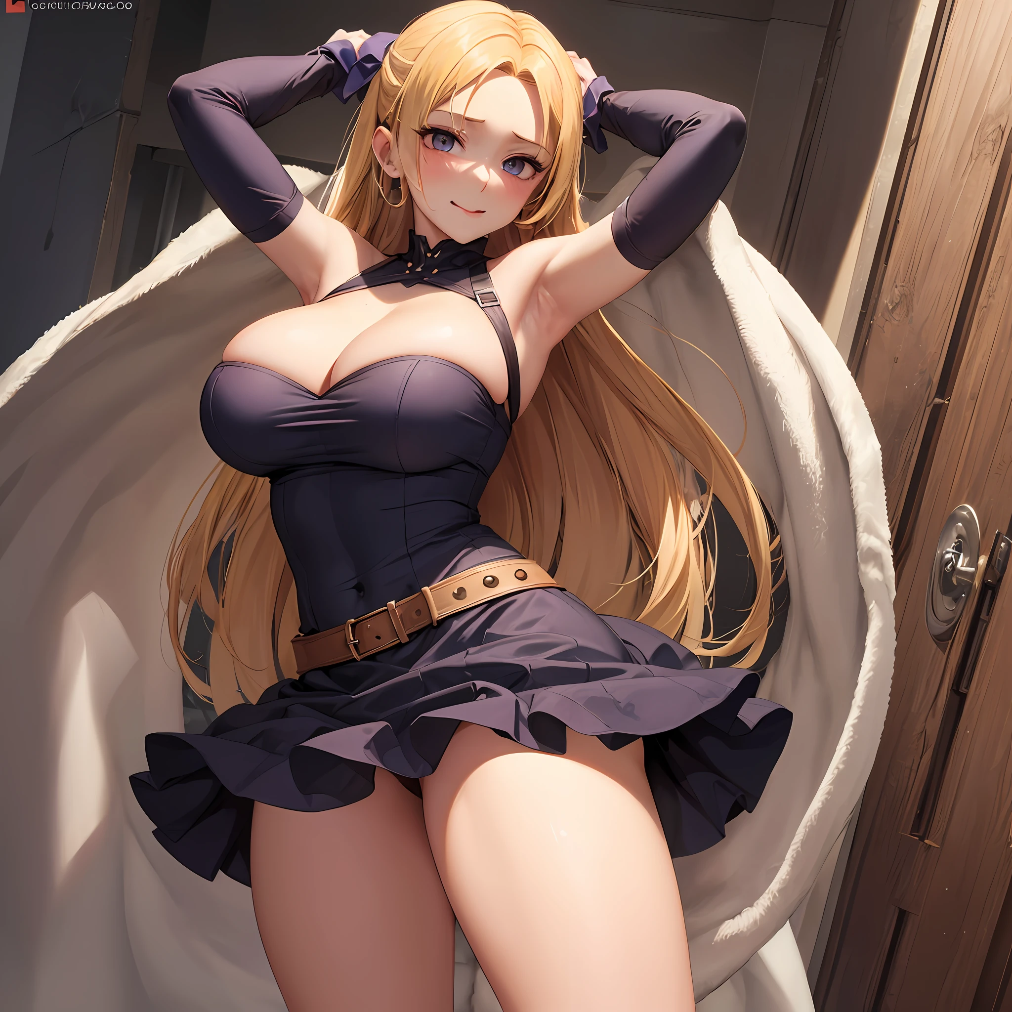 ((master part,best quality, circunstanciado)), 1girl, sozinho, lusciousness \(FMA\), Garras, Olhando para o Viewer, vestido preto, No Straps, licking lips, arms behind her head, Axilas, seios grandes, areolae, --auto