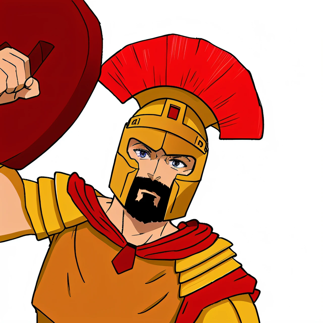 "Un guerrier en armure, in golden armor and red dress in anime style."