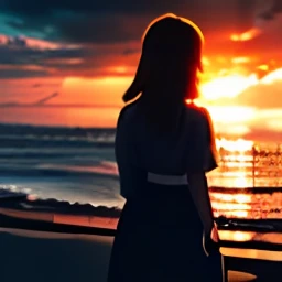 A woman stands by the sea watching the sunset