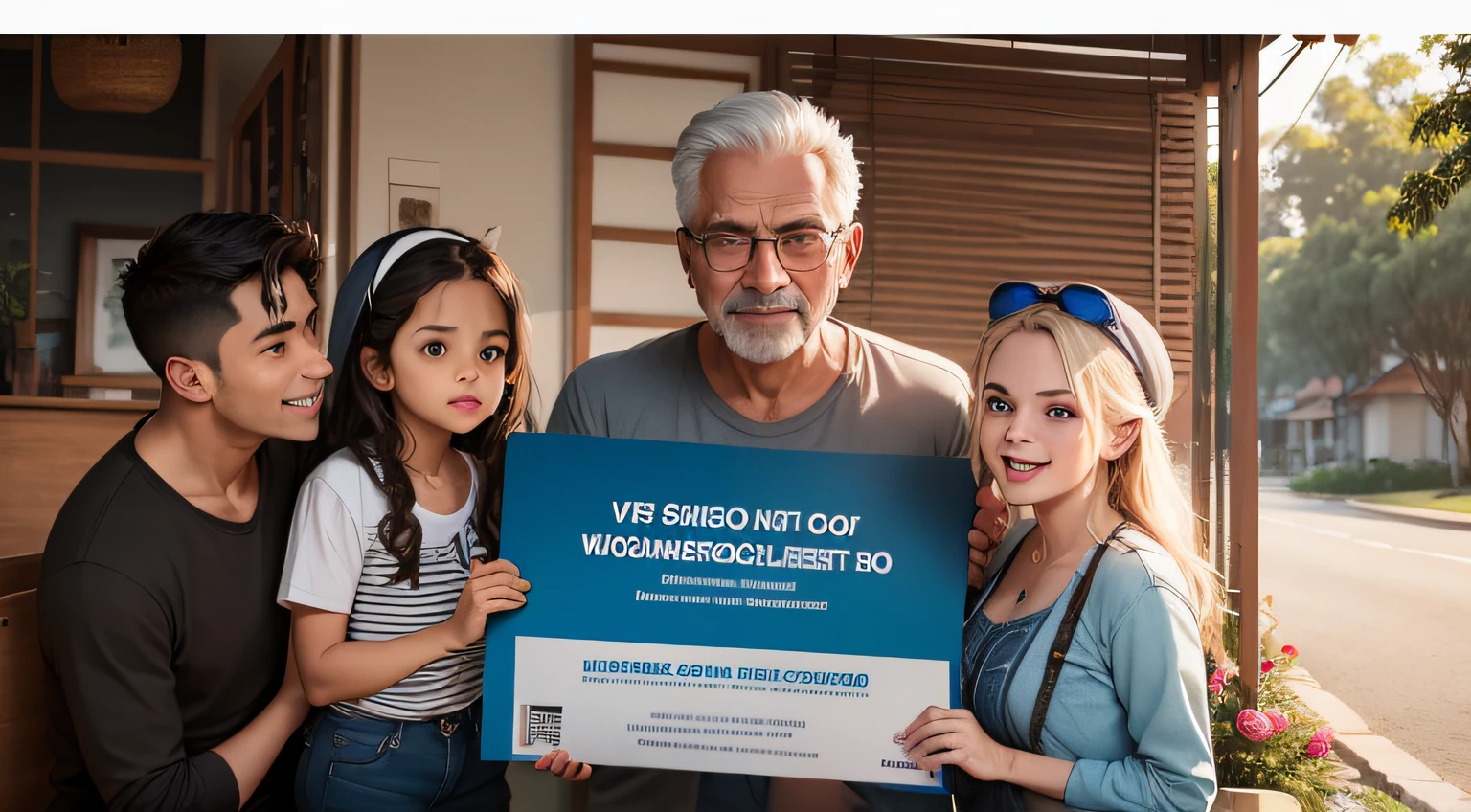 A family reunited, com um cartaz que diz "We received our precatório from the INSS!" --auto