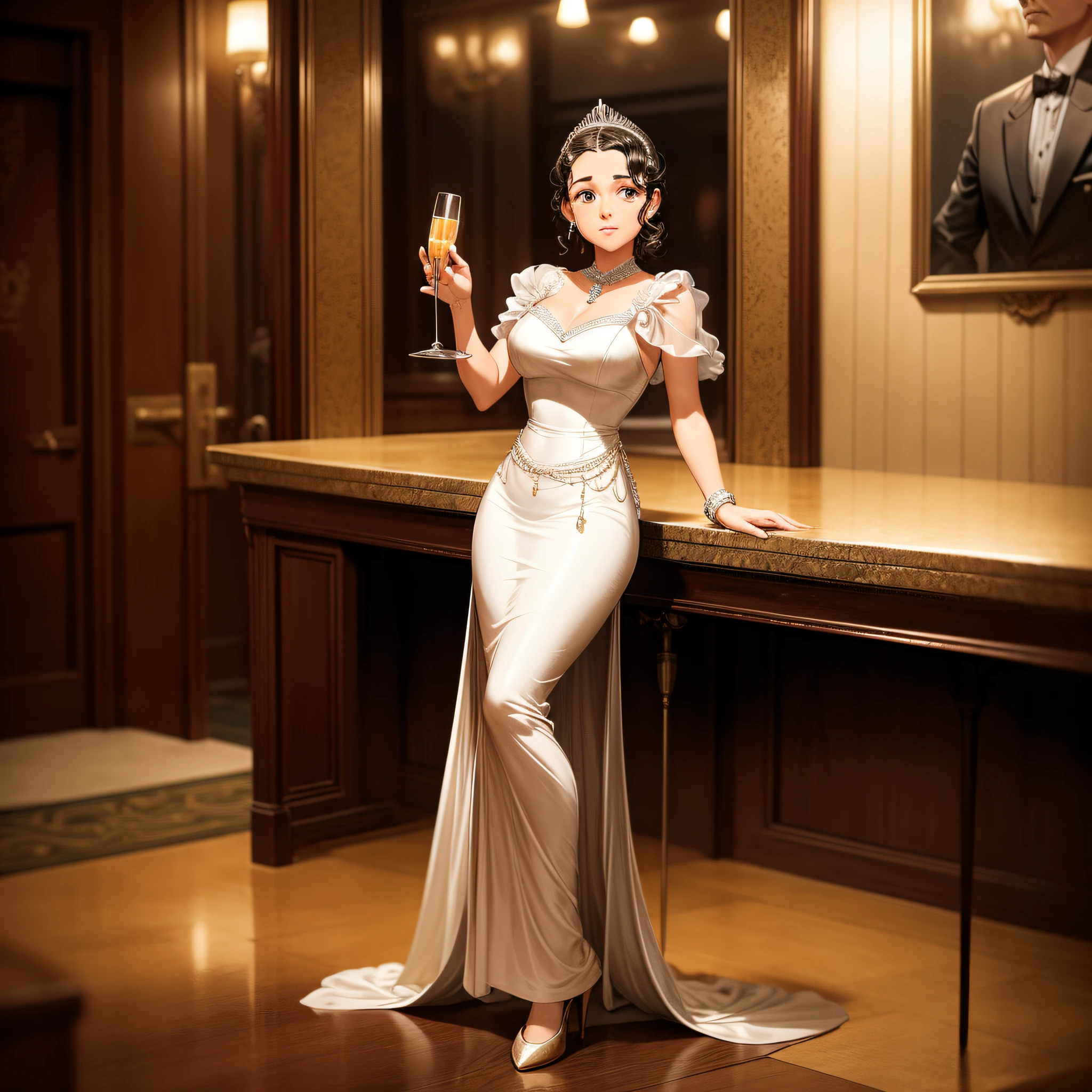 Uma imagem de uma sedutora sereia dos anos 1940, elegantemente vestida com um vestido justo, sentada no bar de um vintage speakeasy. A cena se passa em preto e branco, capturing the timeless allure of the time with its dimly lit ambience and jazz playing in the background.