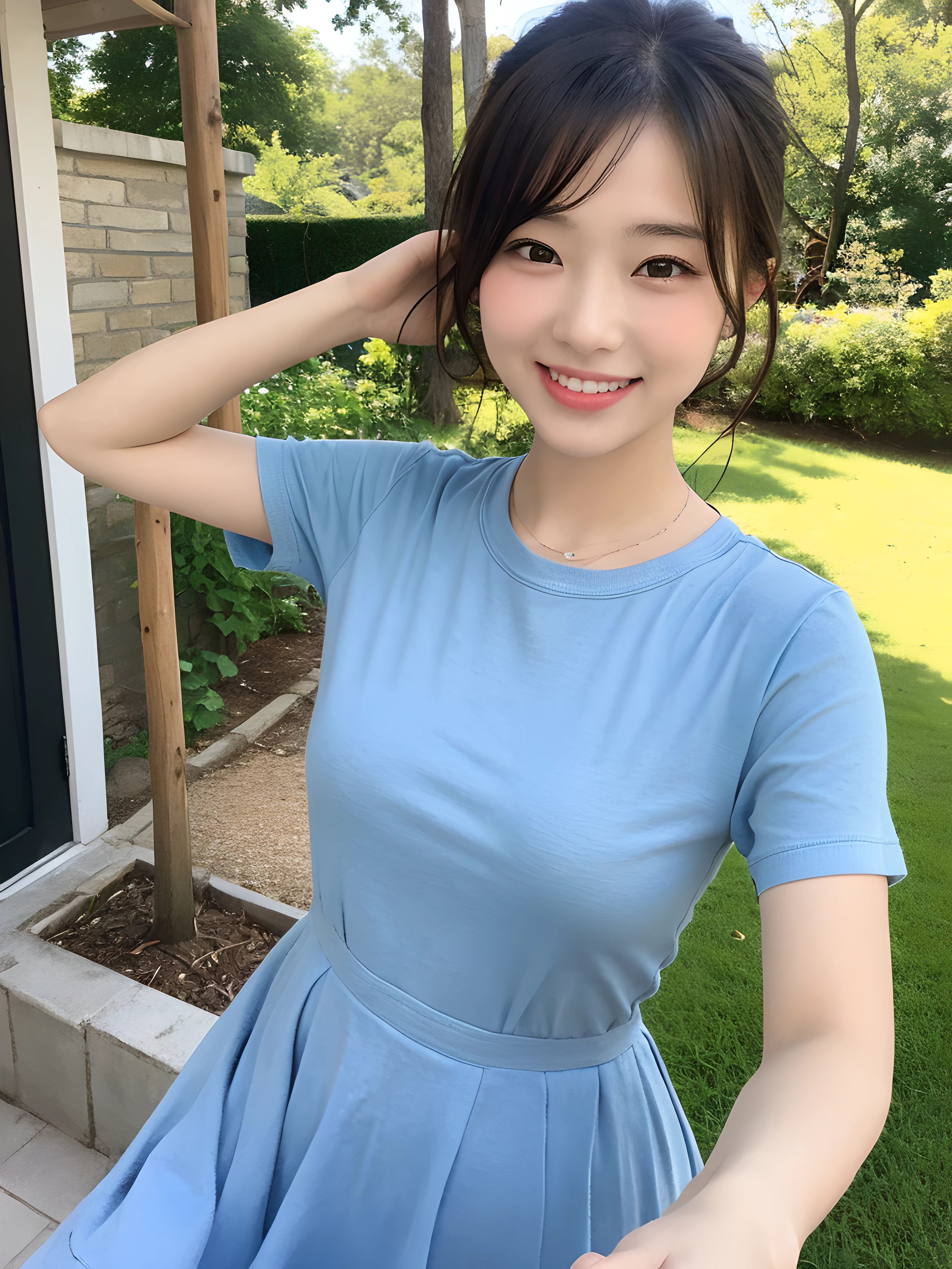 (((Best image quality,8K quality),tmasterpiece)), Drawing style tag: Natural casual hairstyle:1.2, dress detailed:1.1, The body emphasized: 1. Slender female abs:1.3, plumw:1.2, Summary of body details: Refined face:1, 二重まぶた:1, ssmile:1, Picture scene details: Beautiful village, Female life.
