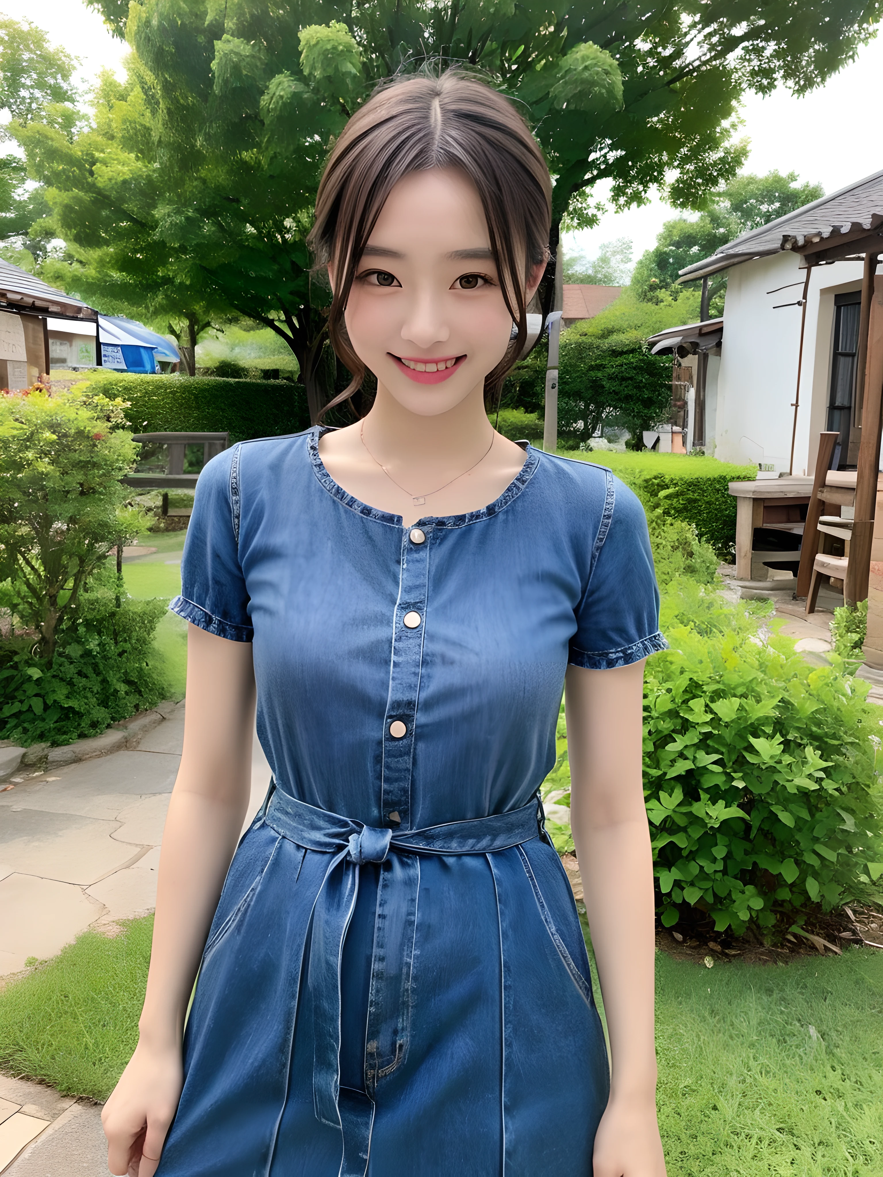(((Best image quality,8K quality),tmasterpiece)), Drawing style tag: Natural casual hairstyle:1.2, dress detailed:1.1, The body emphasized: 1. Slender female abs:1.3, plumw:1.2, Summary of body details: Refined face:1, 二重まぶた:1, ssmile:1, Picture scene details: Beautiful village, Female life.