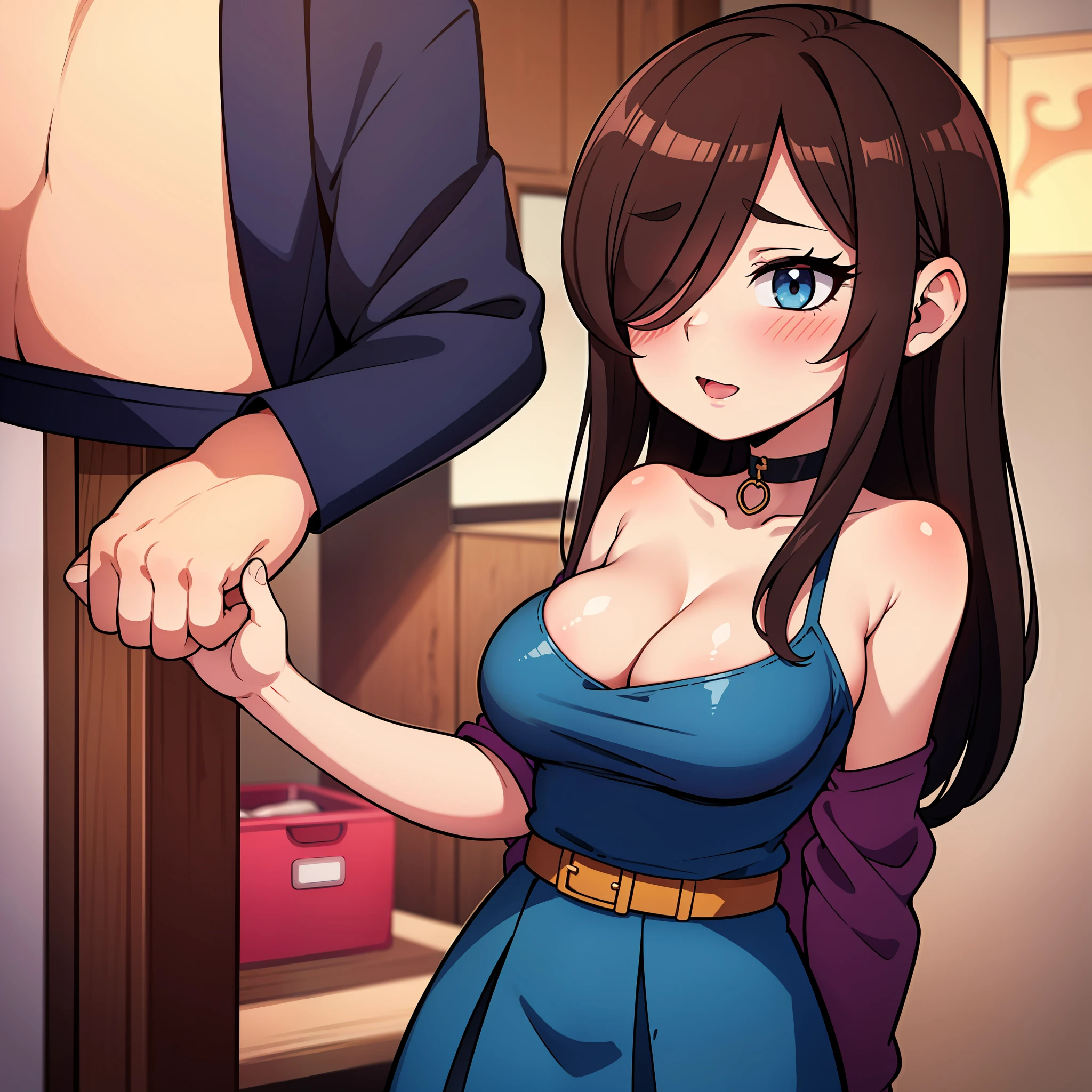 Brown long long hair, 1girl, hair over one eye, blush on cheeks,, excited, embarased, ashamed, turned on, black choker, burgundy shoulder-length shirt, open shoulders, open breasts, thin and tiny blue skirt, perfect quality, perfect High resolution, massive breasts, young girl,