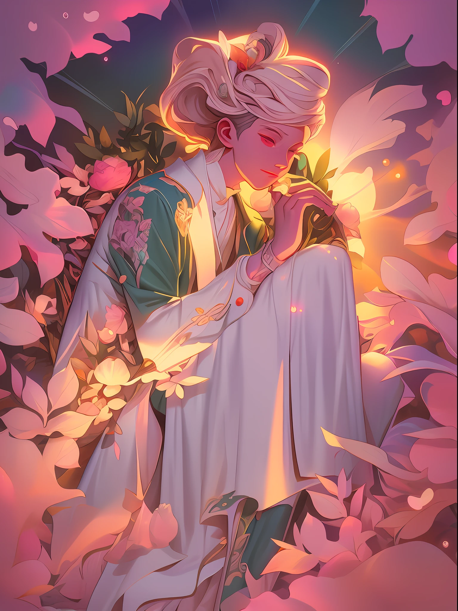 anime art nouveau, the non-binary deity of spring, loish |, dreamy psychedelic anime, a maid in a magical forest, dreamy illustration, soft anime illustration, inspired by Victor Mosquera, sh, in style of digital illustration, anime graphic illustration, inspired by Asaf Hanuka,masterpiece, best quality, (extremely detailed CG unity 8k wallpaper), (best quality), (best illustration), (best shadow), absurdres, realistic lighting, (Abyss), beautiful detailed glow,vapourwave,90s vibes