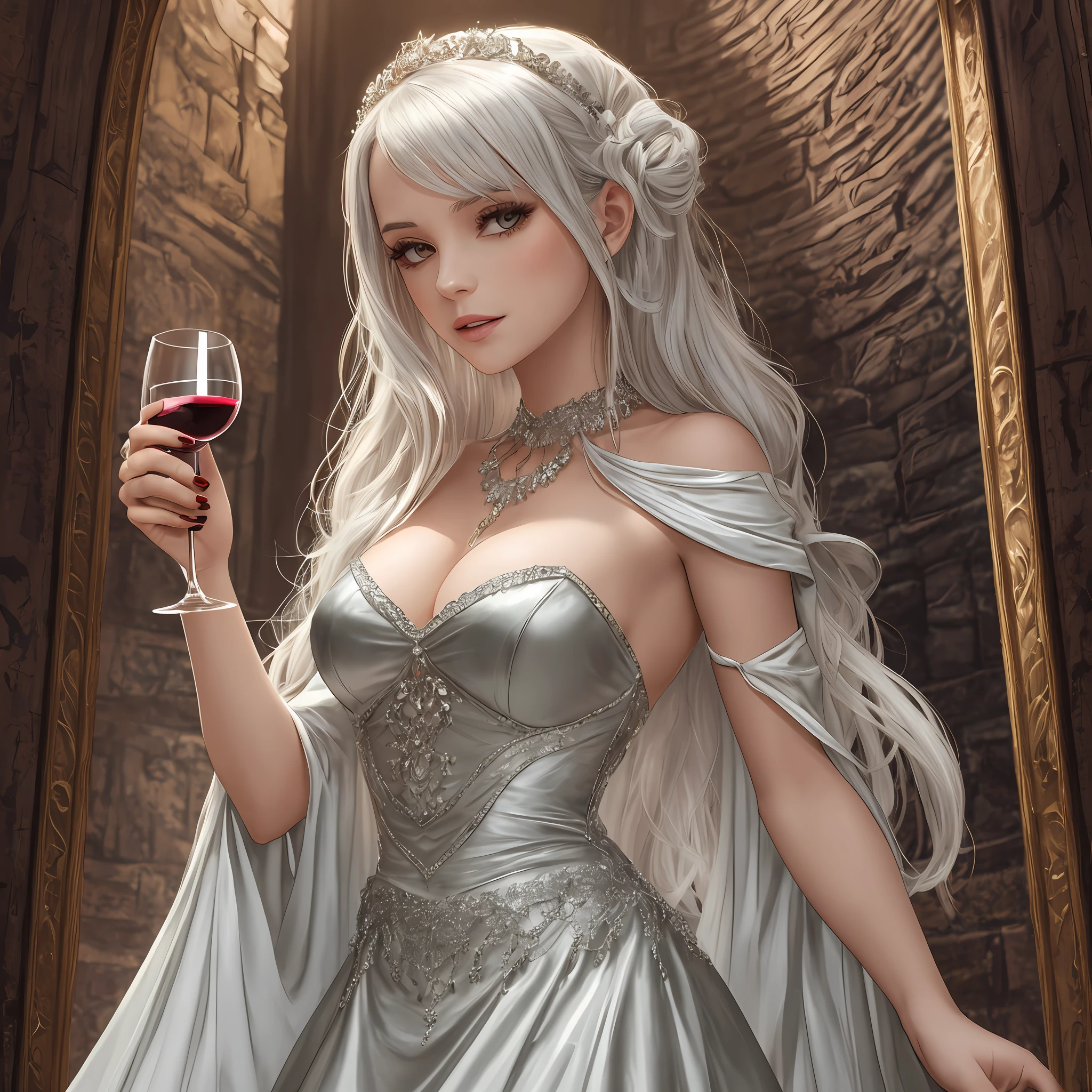A young female vampire, beautiful, in a silver gown, holding a glass of wine in her hand. --auto --s2