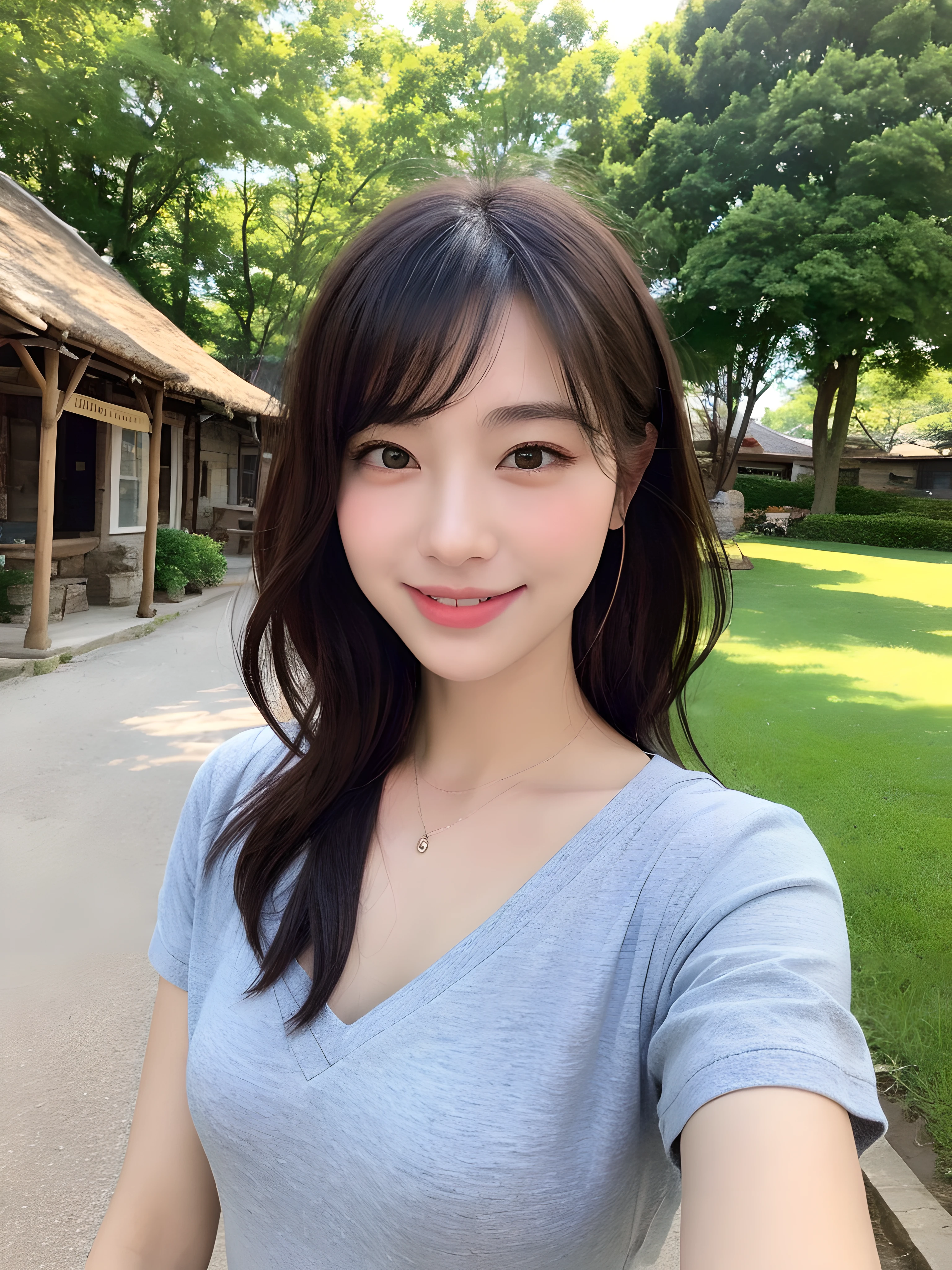 (((Best image quality,8K quality),tmasterpiece)), Drawing style tag: Natural casual hairstyle:1.2, dress detailed:1.1, The body emphasized: 1. Slender female abs:1.3, plumw:1.2, Summary of body details: Refined face:1, 二重まぶた:1, ssmile:1, Picture scene details: Beautiful village, Female life.