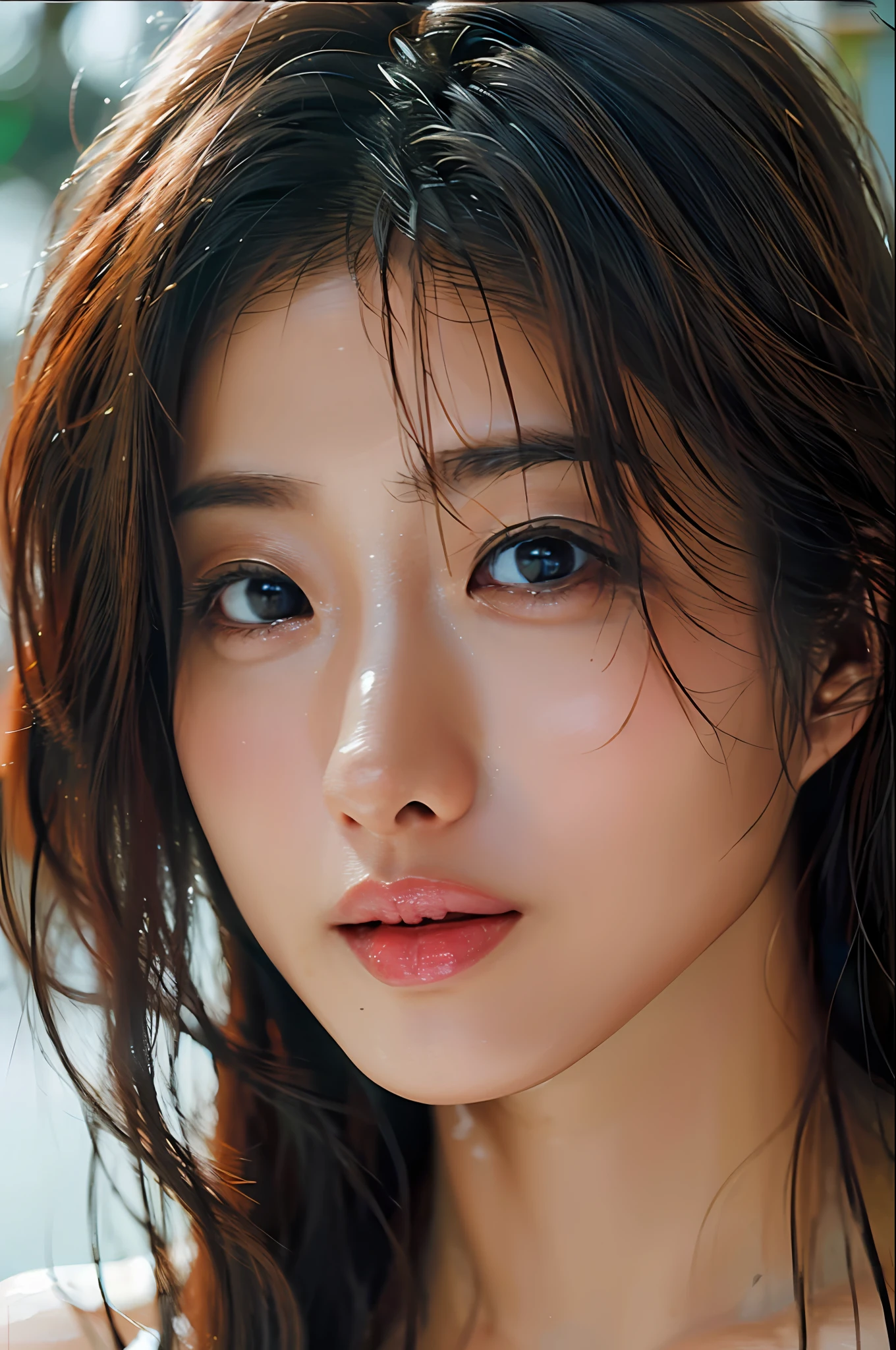 Best quality, masterpiece, ultra high res, (photorealistic:1.4), raw photo, 1girl, DARK hair, shiny skin, WET BODY, dramatic lighting, full body, bitch, micro bikini, huge breasts