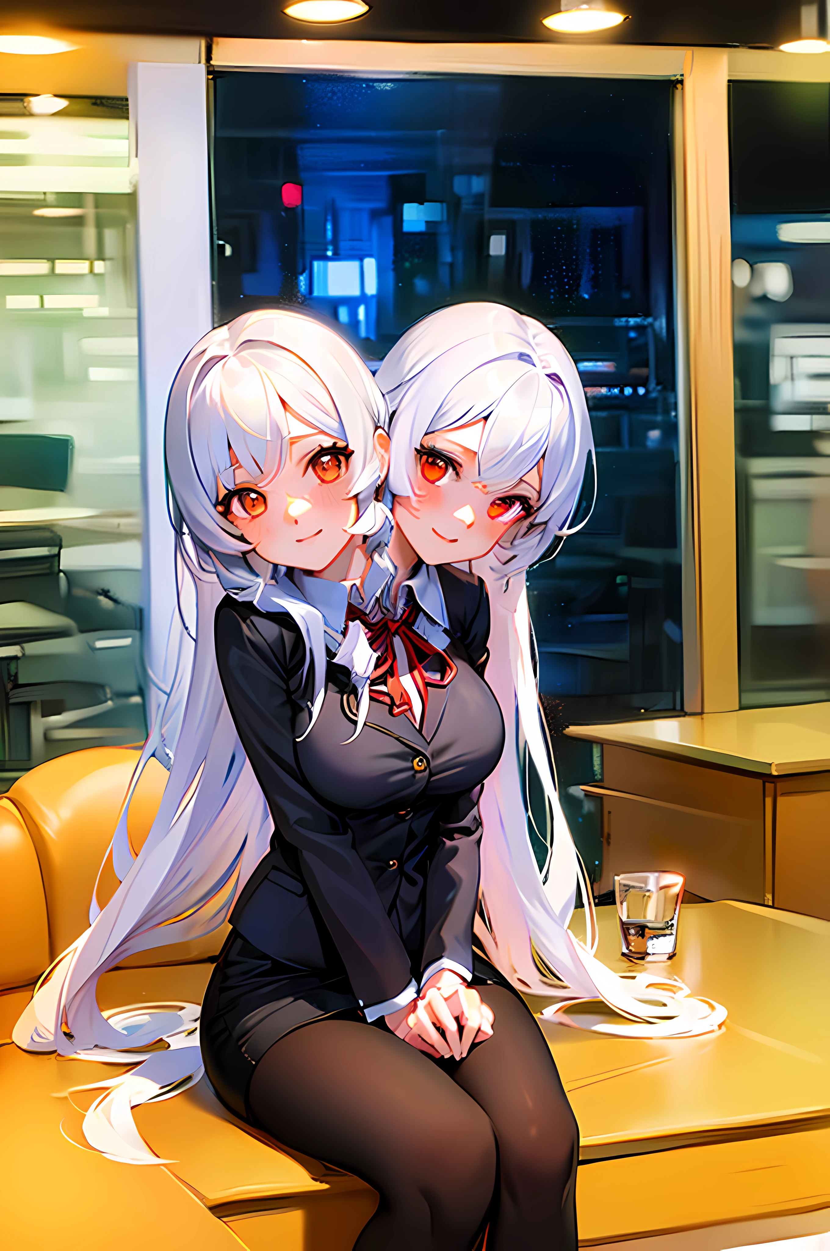 best quality, masterpiece,1girl,office girl, pencil skirt, sitting, long_hair, starry_sky, (((white_hair))), very_long_hair, red_eyes, blushing, (highly detailed 8k wallpaper), best resolution, (2heads:1.5), anime girl with two heads