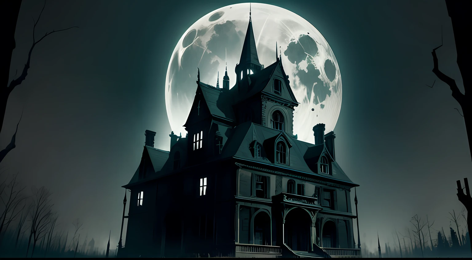 Old abandoned and haunted mansion, in the Gothic style, with a full blood moon in the background, worn by time, in a horror setting, in the style of HP Lovecraft and that is in the dark of night --auto