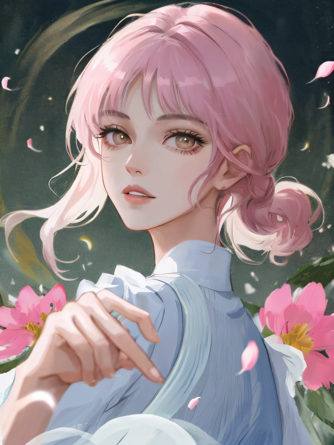 Obra-prima 8K superlativa, mulher anime, Retrato realista do vento frio, Sister, mulher de cabelo longo branco prateado, cabelos longos, light pink lips, franja calma e racional, pupilas cinzentas, fundo da flor, petals dancing, rosto delicado