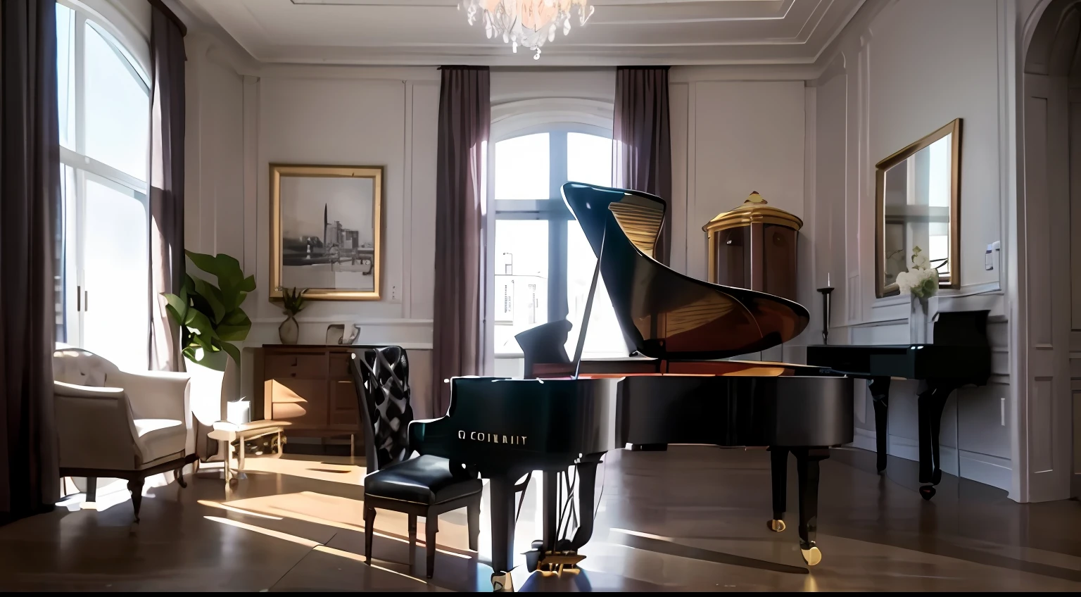 Grand piano and chairs in the living room of a luxury apartment
