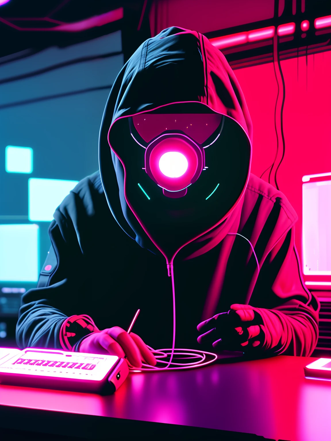 Estilo NeonNinja, close-up of a person with a red hood there is a large ball in the middle of a room, close-up of an electronic device on a table, Talking about cybersecurity