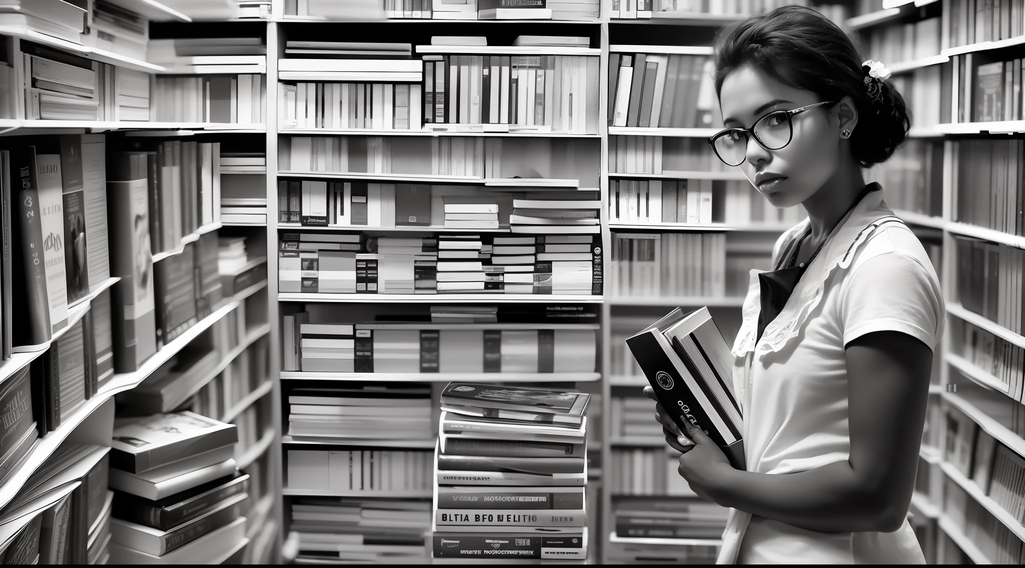 ((fotografia ultrarealista)|(monochrome photography)|(fotografia preto e branco)), a young woman librarian, de 18 anos, organizando os livros na biblioteca, {negrito:preto e branco:1.2}, {italico:ultrarealista:1.2}