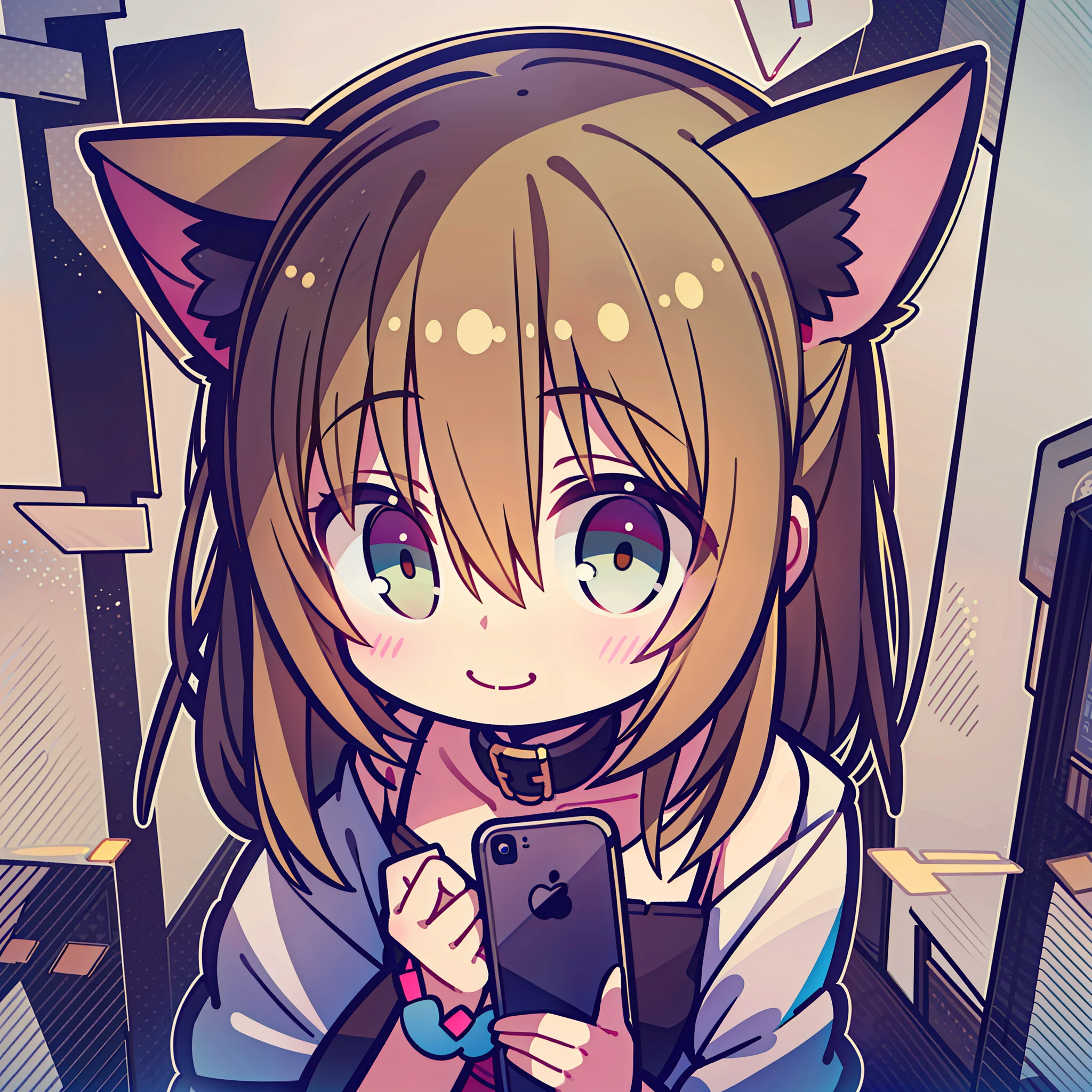 1girl in、Cat's ears、((tchibi))、laugh face、Smartphone Holder、White background